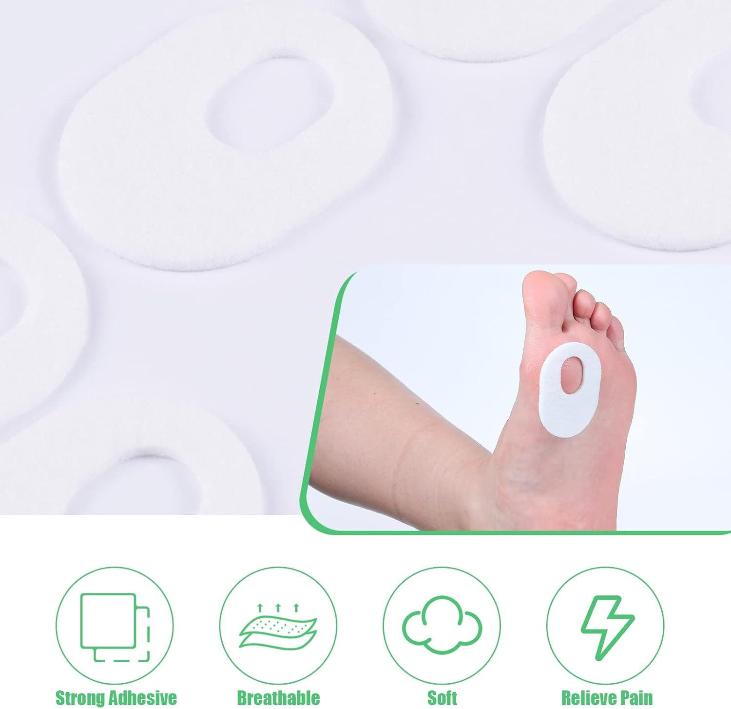 WILLBOND 60 Pcs Soft Felt Callus Oval Shape Corn Pads for Bottom of Foot Adhesive Foot Corn Pads for Men and Women Feet Toes Heel Pain Relief, White image number 2