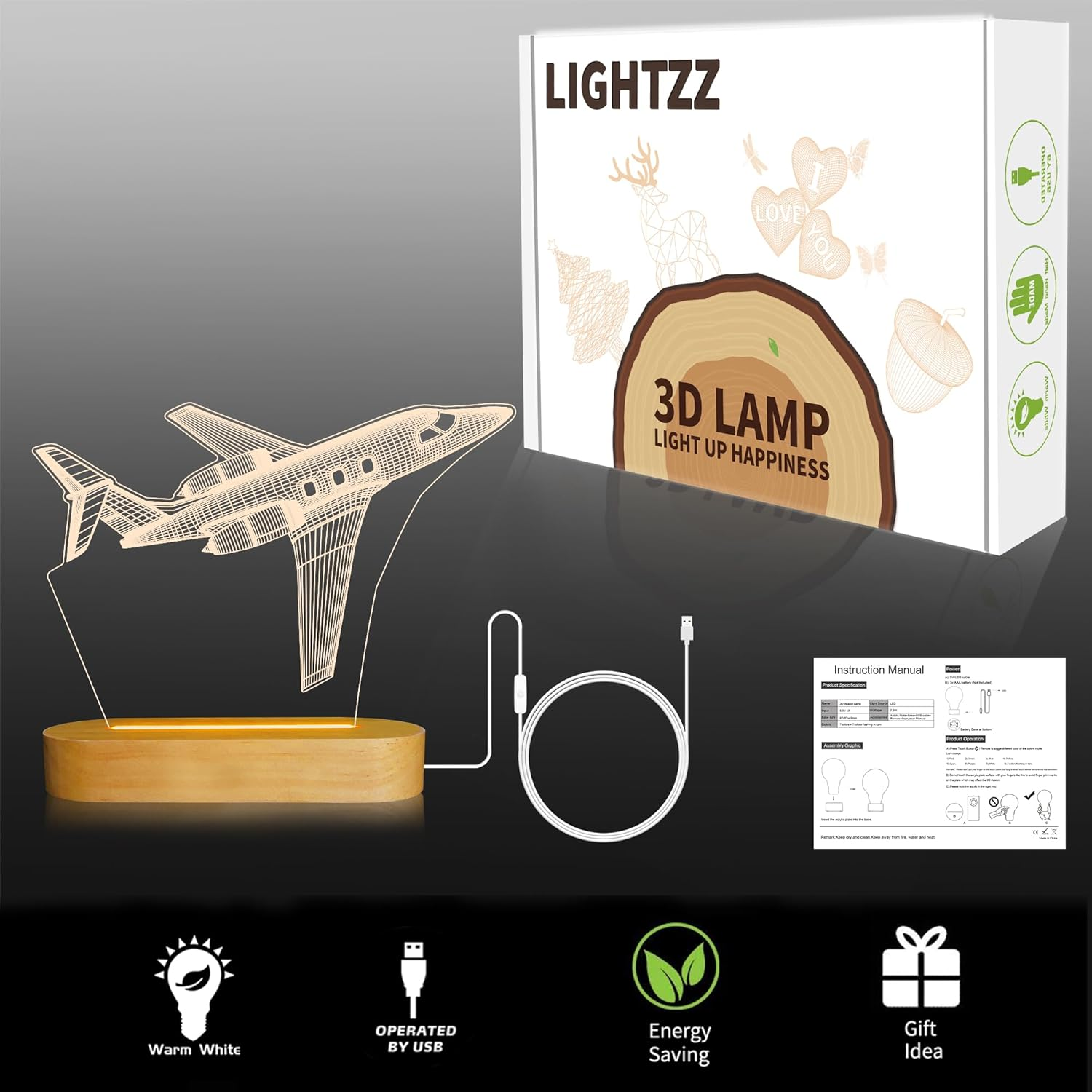 Airplane Night Light 3D Illusion Lamp, Soft Warm Colors Wood Table Lamp for Boys Pilot Gifts Birthday Gifts with USB Power(Plane)