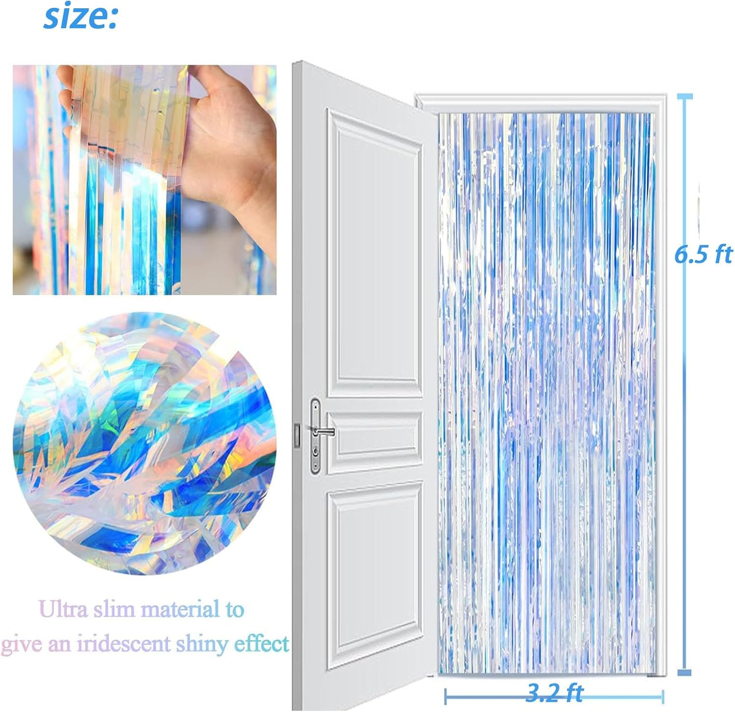 2 Pack Iridescent Party Streamers Backdrop Decorations- Neon Transparent Holographic Tinsel Foil Fringe Curtain for Mermaid/Frozen/Sea/Euphoria/Eras Party Theme Decorations 3.2Ft X 6.5Ft 2 PCS image number 2