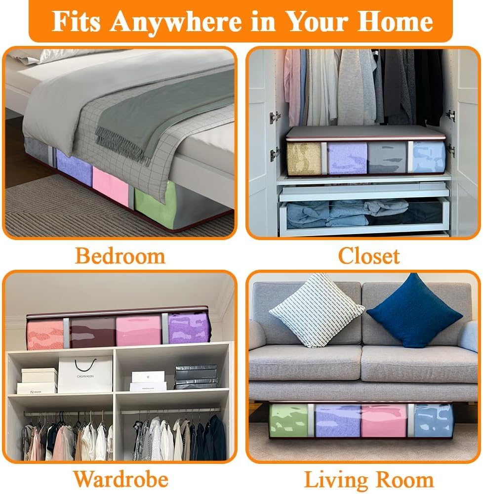 Goamz 4 Pack under Bed Storage Containers- 90L Foldable Underbed Storage Bags with Handles & Zipper for Clothes Home Storage & Organisation- 100X50X18Cm Underbed Storage Bags for Comforters, Blankets