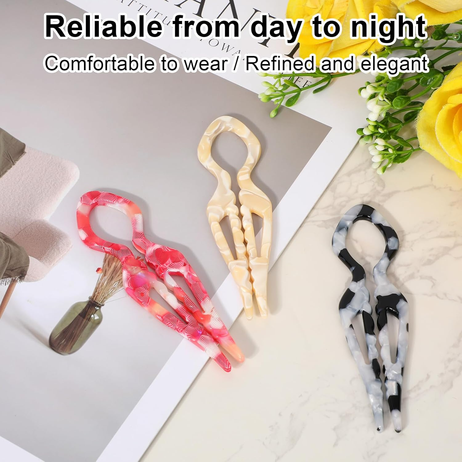 Fukaisu 3Pcs French Hair Pins for Women, Magic Acetate Hair Clips U-Shaped Hairpins for Women Buns Thick Fine Long Curls Styling Accessories White Elephant Present (3 Colors) image number 6