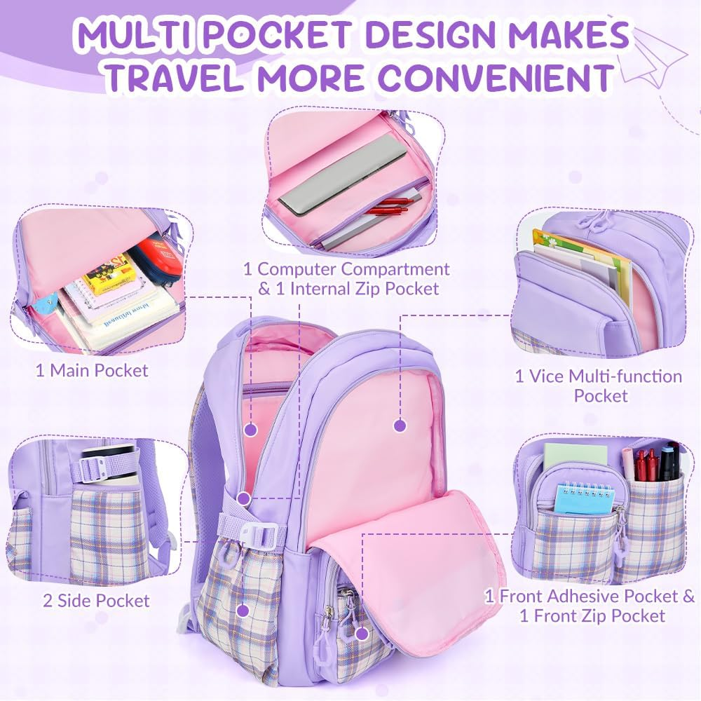 WOTOW School Backpack for Girls, Large Capacity Water Resistant Schoolbags with Lunch Bag Pencil Case & Cute Pendants, Ideal Children Teens Primary to Middle School - Pink image number 3