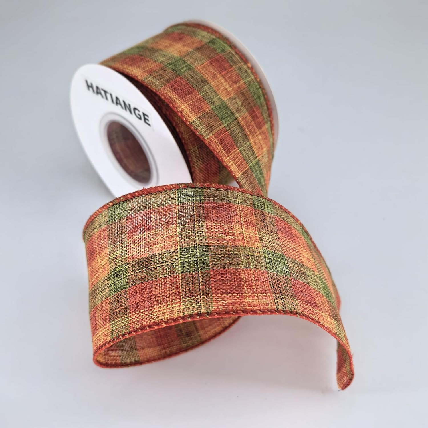 HATIANGE Fall Burlap Wired Ribbon Orange Plaid Autumn Harvest Ribbon Wired Edge Wrapping Ribbon for Wreath Floral Bows Craft Decor, 2-1/2 Inch X 11Yards image number 5