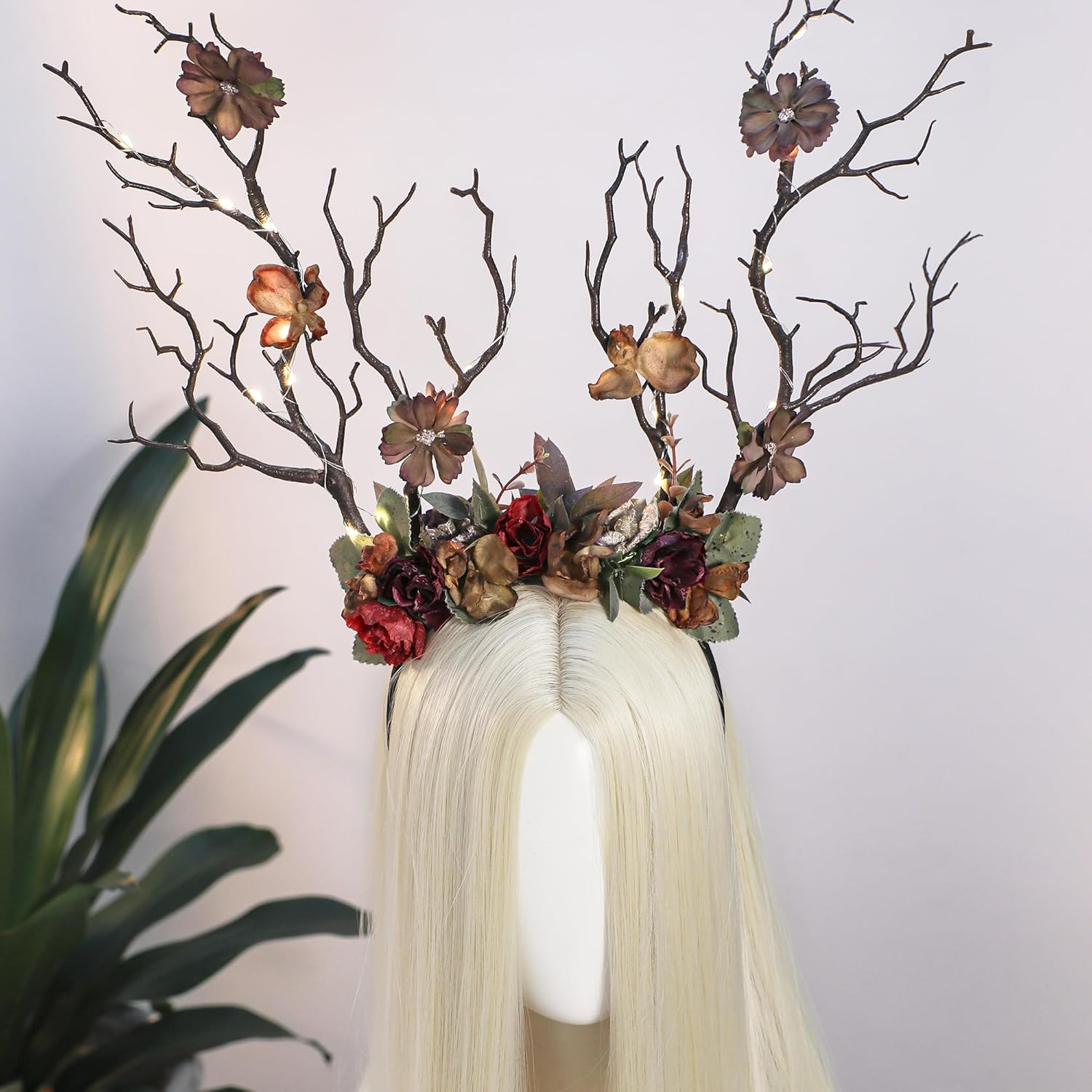 MOSTORY Green Forest Branch Headband - Fairy Forest Headband with Flowers, Floral Antler Headwear for Women, Witch Renaissance Costume, Halloween Renfaire Outfit, Cosplay Photoshoot