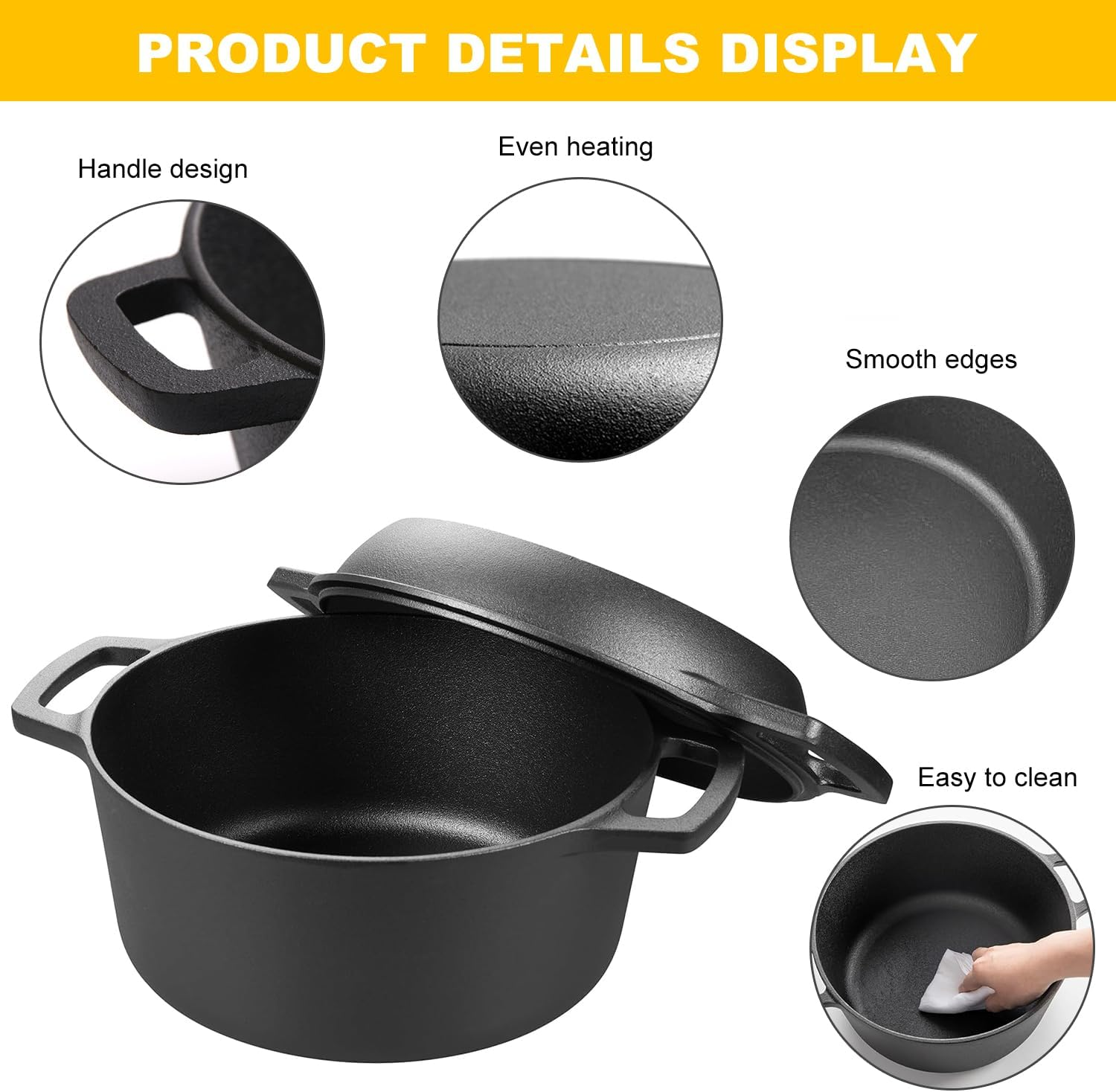 2-In-1 Pre-Seasoned Cast Iron Dutch Oven Pot with Skillet Lid Cooking Pan, round Double Function Dutch Oven, Cast Iron Pots and Pans Set with Anti-Scald Clip, Multi-Purpose, Diameter 26Cm, 4.7L