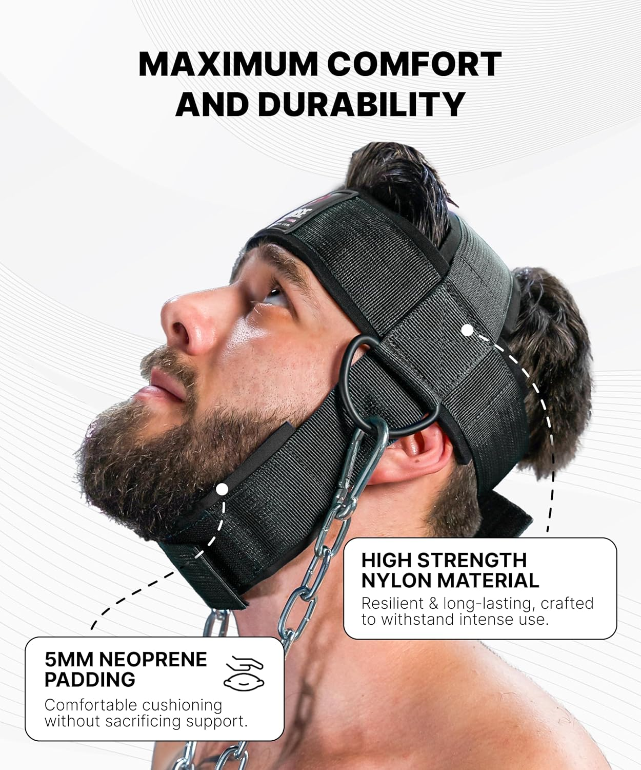 Dmoose Fitness Neck Harness for Weight Lifting - Adjustable Head & Chin Strap with 30" Heavy Duty Steel Chain - Neck Exerciser, Trainer & Strengthener to Support Injury Recovery & Intense Workouts - Gray image number 7