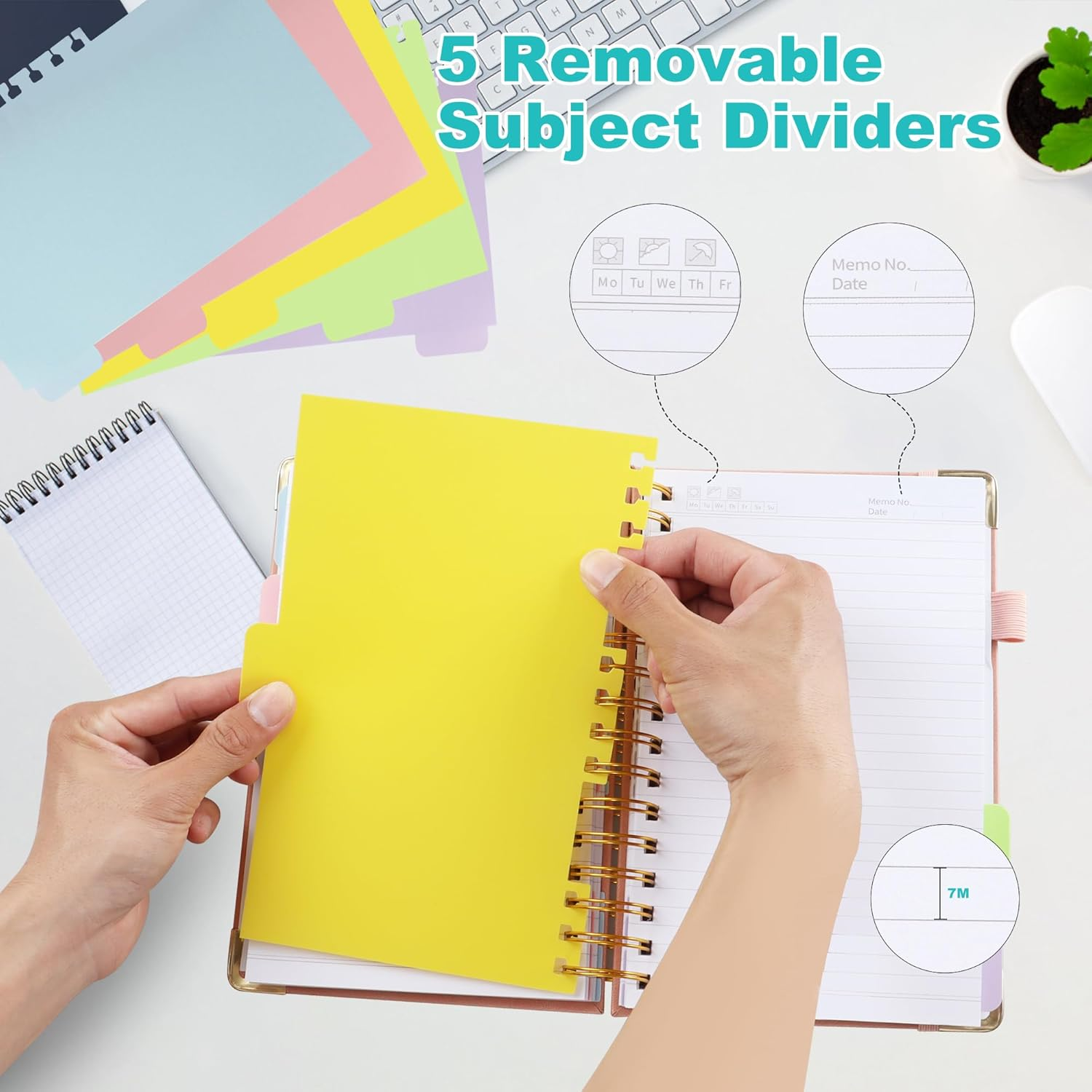 JUNART A5 Hardcover Spiral Notebook Journal with 5 Removable Subject Divider Tabs, 6.7"X8.6" Large 300 Pages College Ruled Notebook,180&deg; Flat Lay,100 GSM Thick Paper for Office, Home & School(Pink)