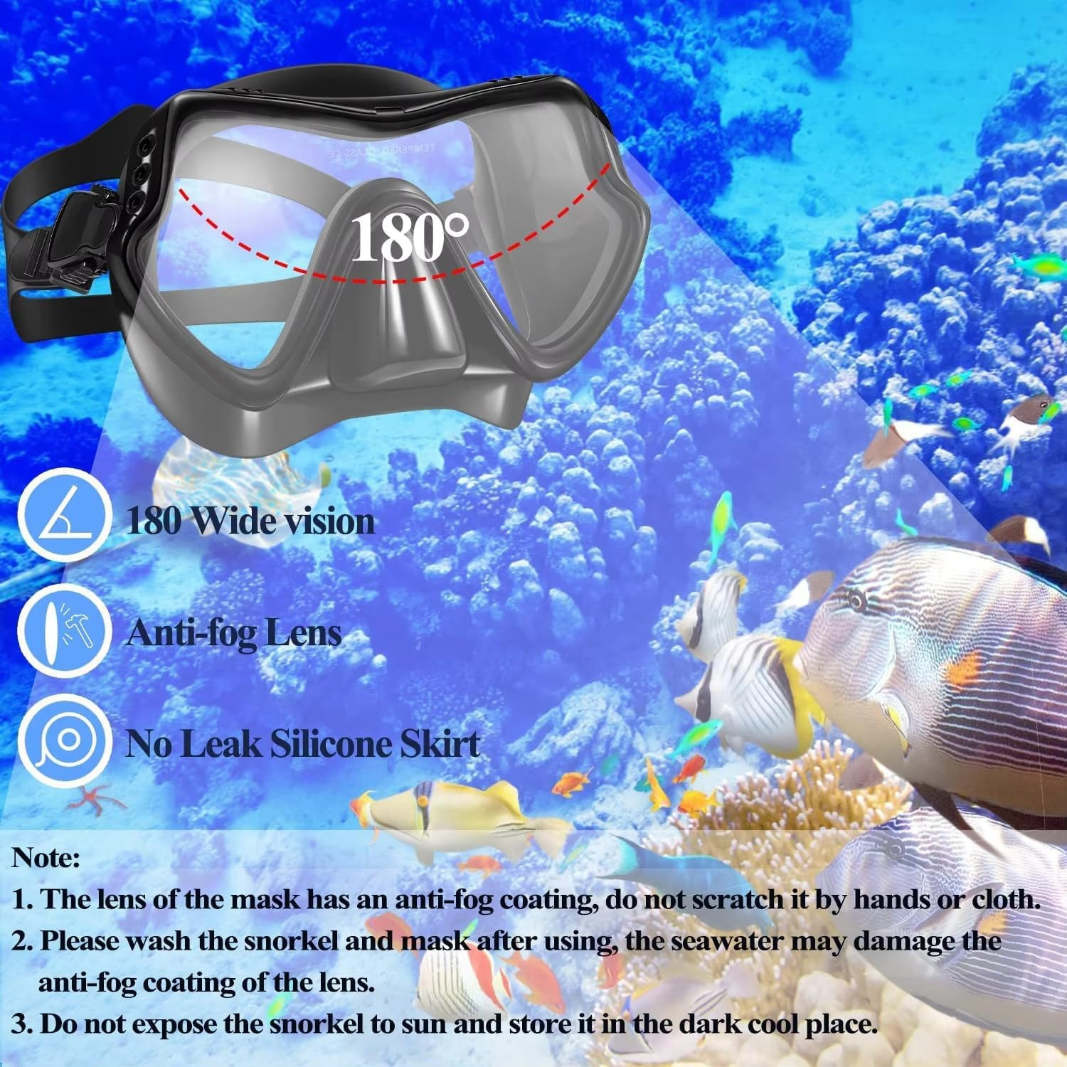 Diving Mask,Fold 180&deg;Panoramic Diving Snorkeling Goggles Tempered Glass Anti-Fog Anti-Leak Snorkeling，Snorkeling Mask with Latest Dry Top Breathing System,Adjustable Snorkeling Masks for Men & Women image number 4