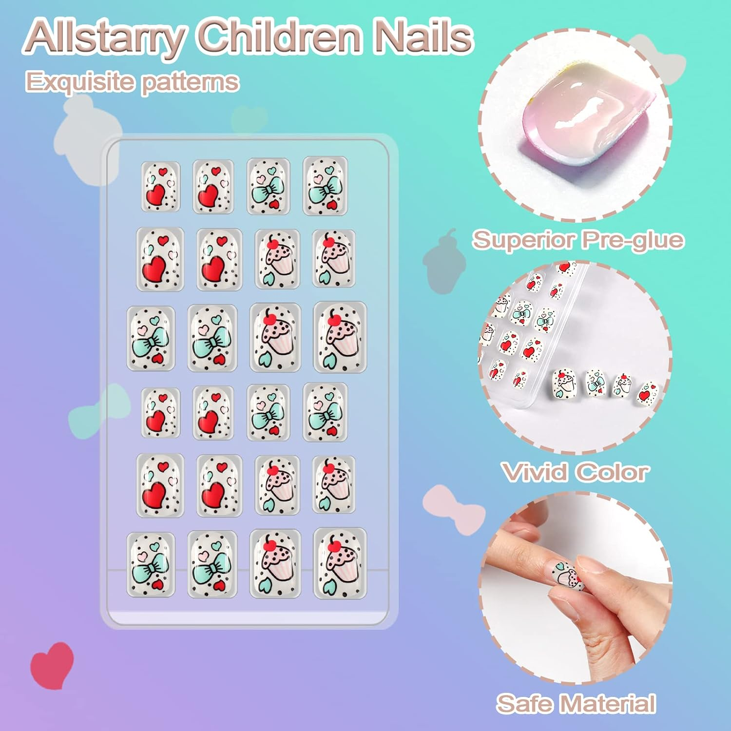 Allstarry 72 Pieces 3 Packs Press-On Nails Pre-Glued Full Cover Glitter Gradient Color for Kids Little Girls Nail Art Decoration - Cute Kitten