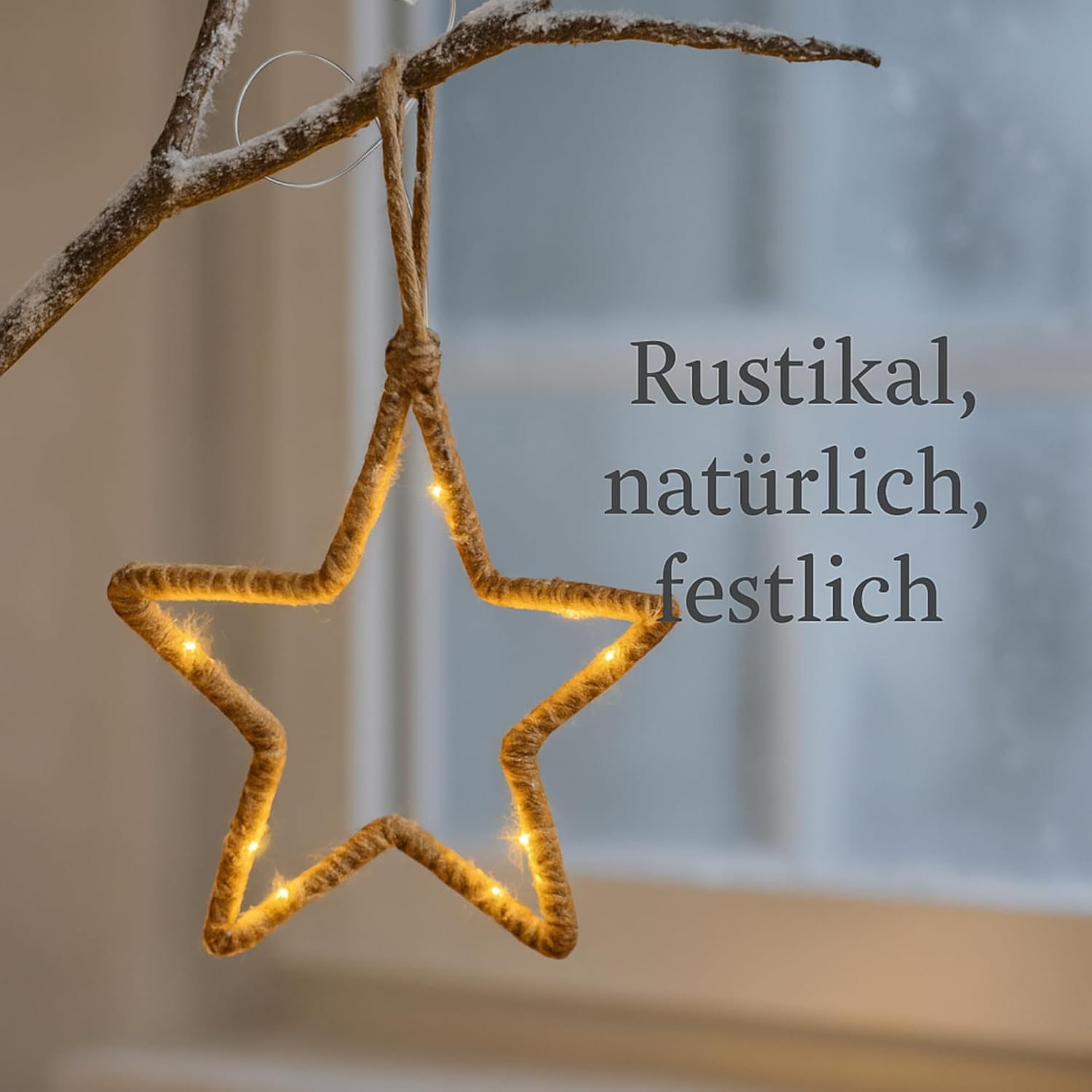 MIJOMA LED Christmas Decoration for Hanging Made of Metal and Jute with Timer - Rustic Winter Decoration with Fairy Lights - Battery Operated (Star: Approx. Diameter 20 Cm) image number 3