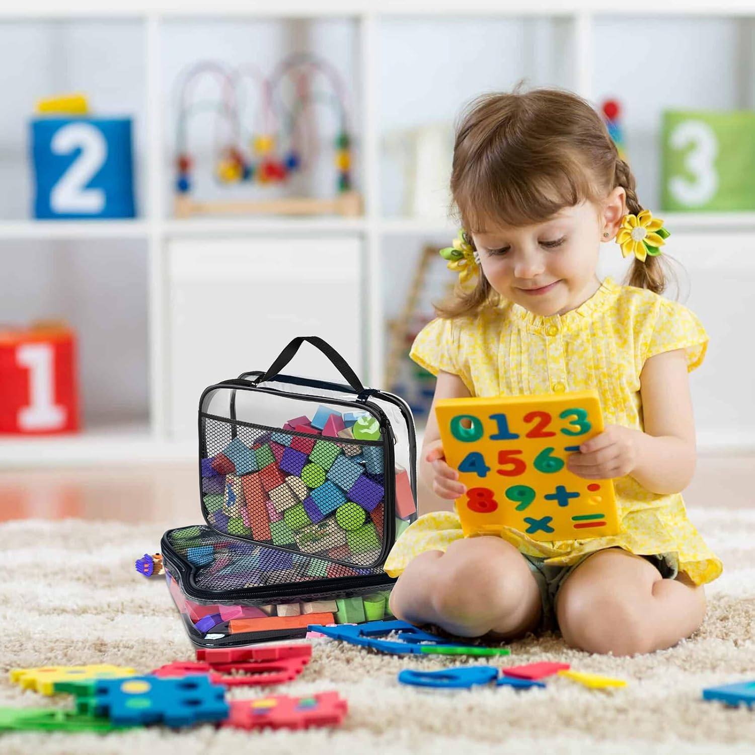 VERONLY 4 Packs PVC Toy Zippered Blocks, 13.3"X3" X10.4" Travel Storage Case Bags for Organizing, Waterproof Toy Storage Bags with Mesh Pockets for Building Blocks, Puzzles, Clays,Toy Cars (Black) - L-Pink image number 2