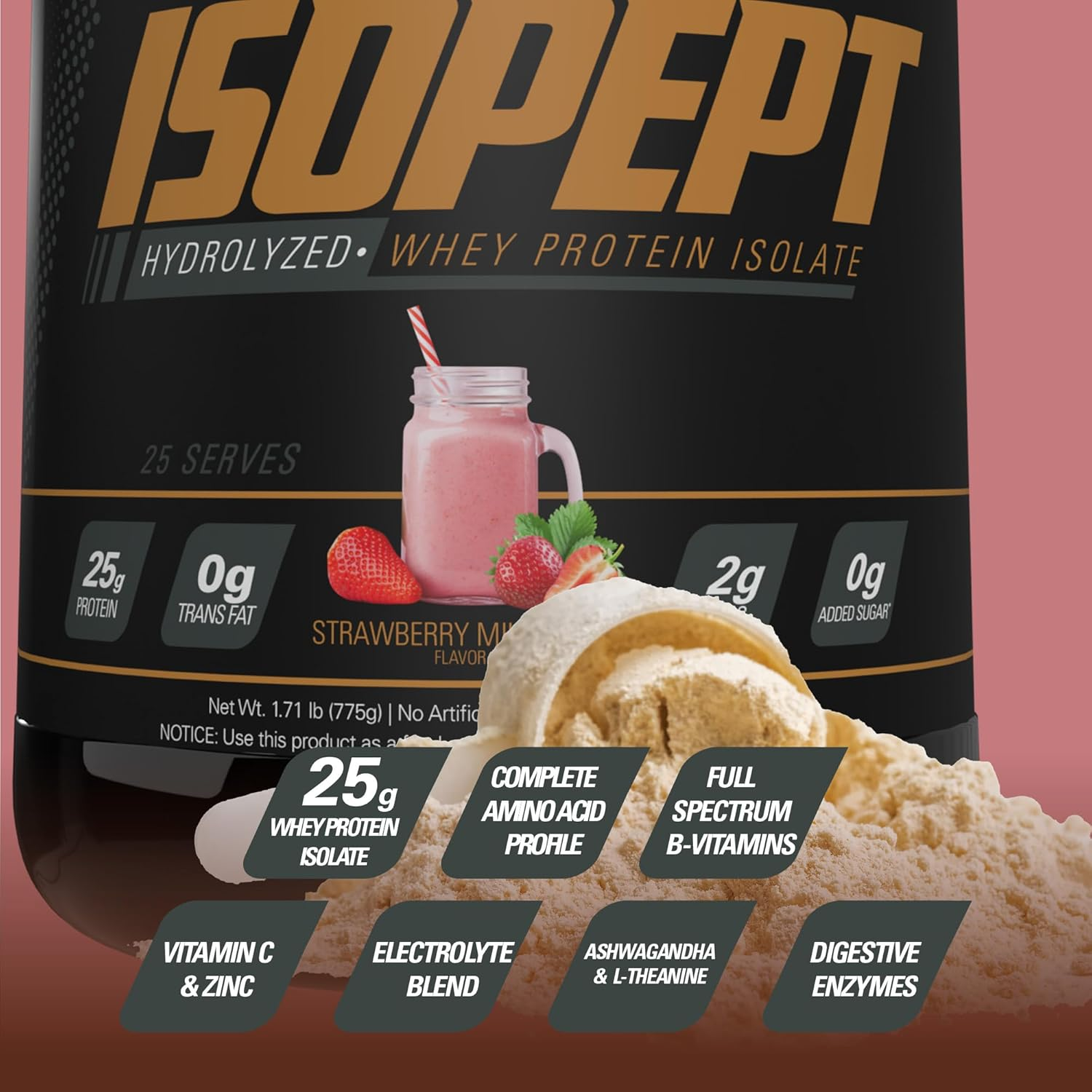 EHP Labs ISOPEPT Hydrolyzed Whey Protein Powder - 100% Whey Protein Isolate & Hydrolysate, 25G of Protein, Non-Gmo, Gluten Free, Fast Absorbing, Easy Digesting, 25 Serves (Strawberry Milkshake) image number 1