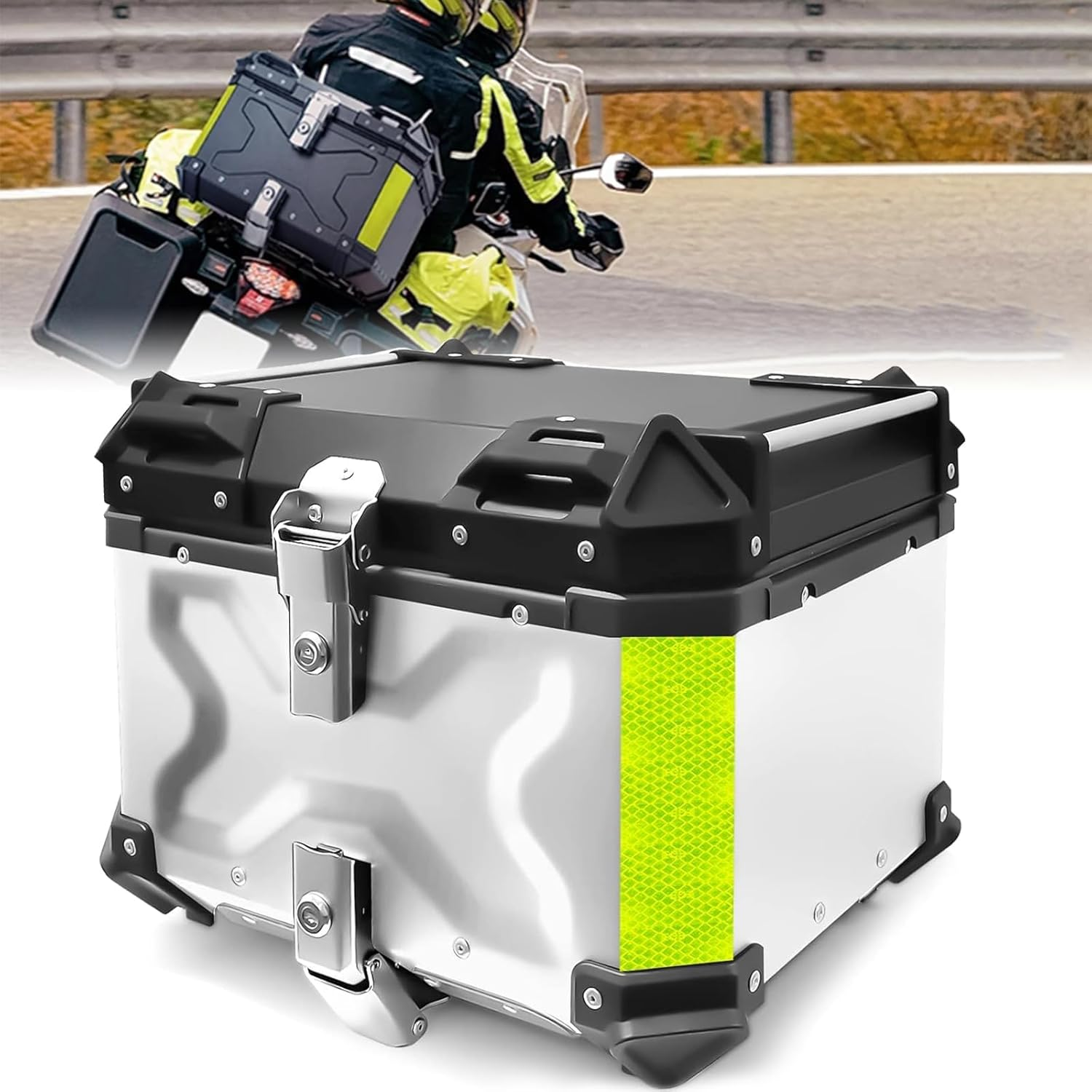 Motorcycle Top Box, Aluminum Motorcycle Travel Tail Box with Security Lock for Scooters, Bicycles 45L (45L Sliver) image number 3