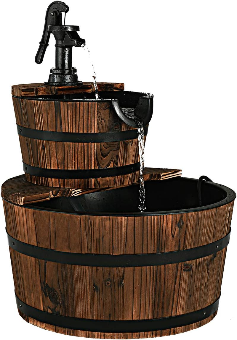 Costway 2 Tier Barrel Waterfall Fountain Barrel Wooden Water Fountain Pump Garden Patio image number 5