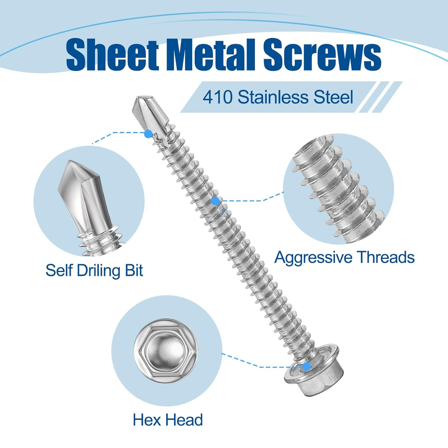 #8&times;1-1/4&Prime; (100Pcs) 410 Stainless Steel Self Drilling Screws, Hex Washer Head Fast Self Tapping Screws image number 2