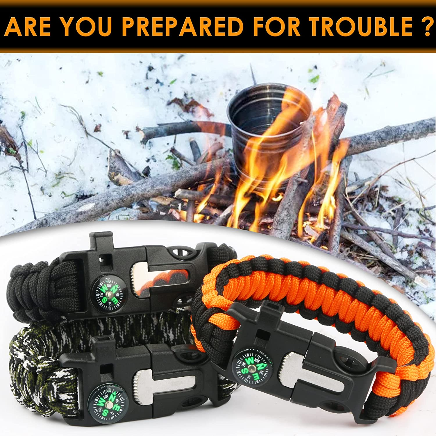 Paracord Bracelet (3 Pack) Kit Outdoor Survival Bracelet Camping Hiking Gear，Multitools, Fire Starter, Compass, and Whistle image number 4
