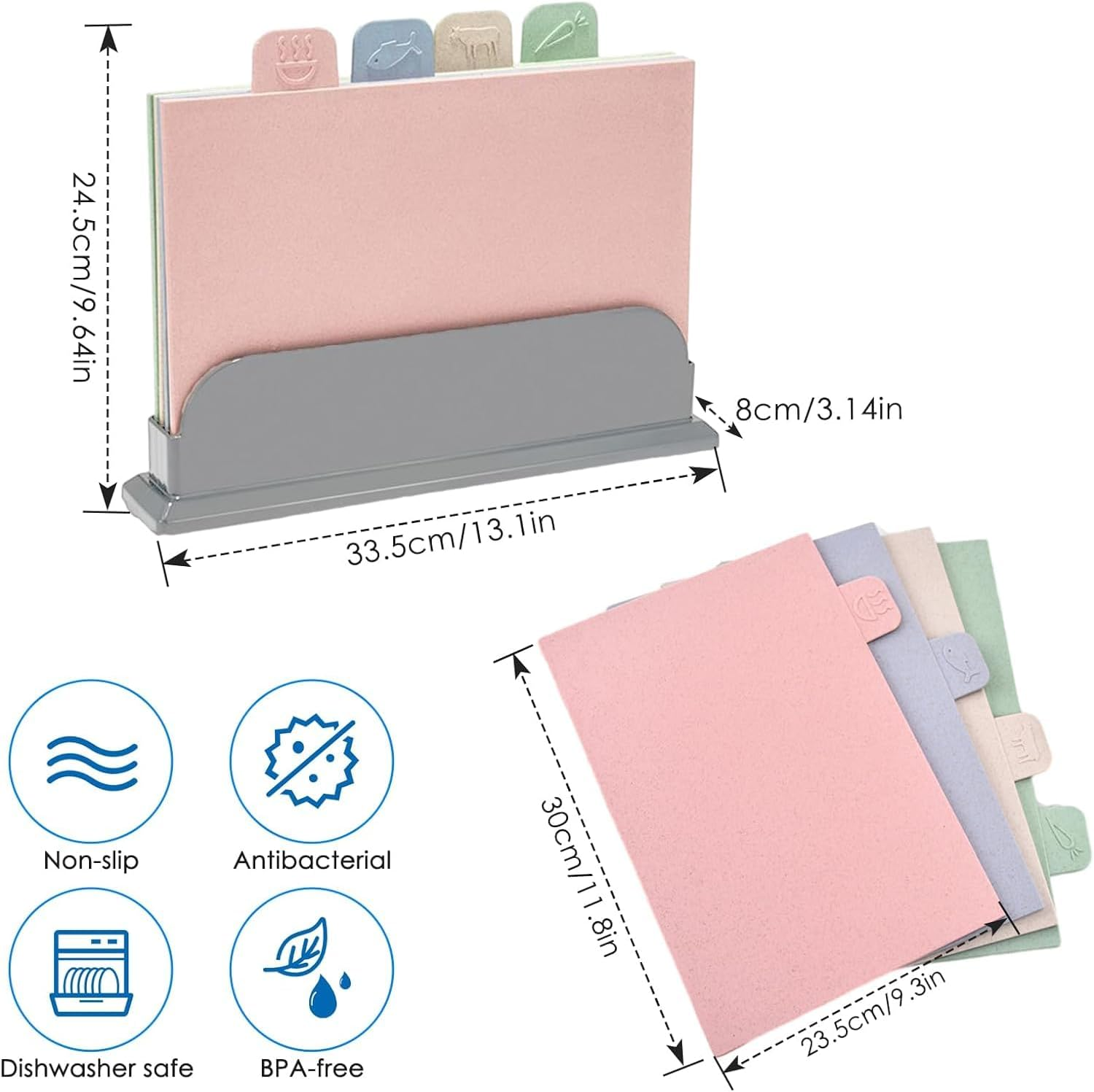 Cutting Board Set with Storage Stand,4 PCS Reversible Chopping Boards with Index Color Coded Food Icon for Various Food, Preventing Cross-Contamination, Wheat Straw Fiber, BPA Free image number 2