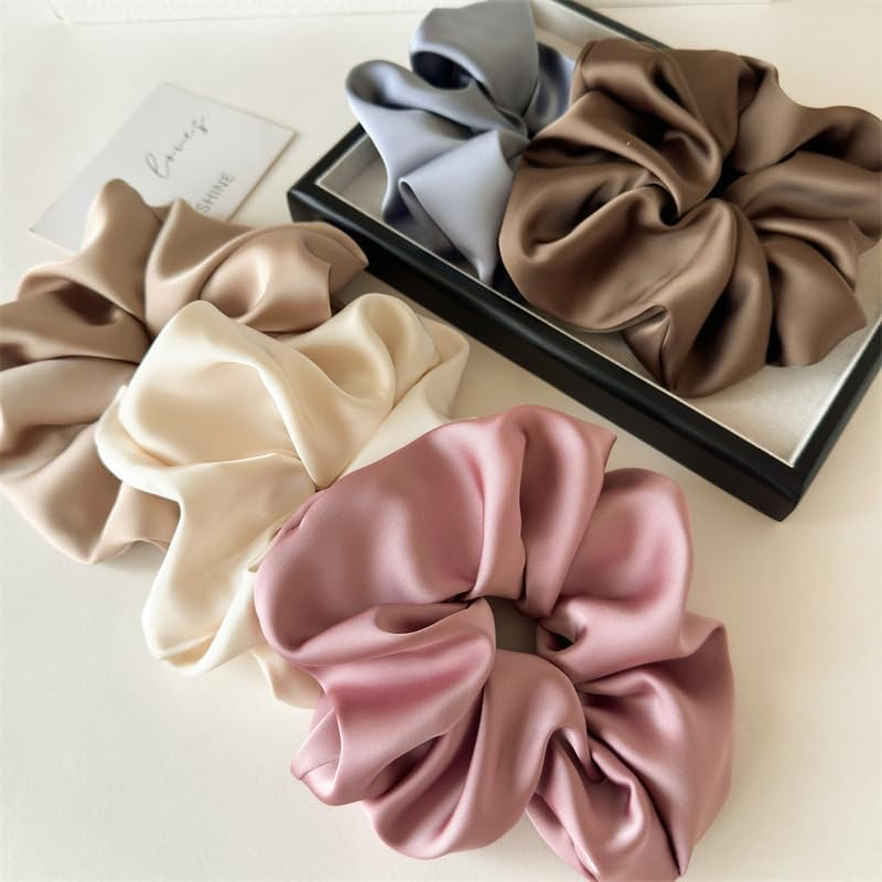 Jumbo Satin Scrunchies for Women, 2-Pack No-Damage Silk Scrunchies, Large Oversized Gentle Hair Ties That Reduce Breakage & Frizz, for Thick Hair Ponytail & Bun-Black and Beige - Black And Gray image number 6