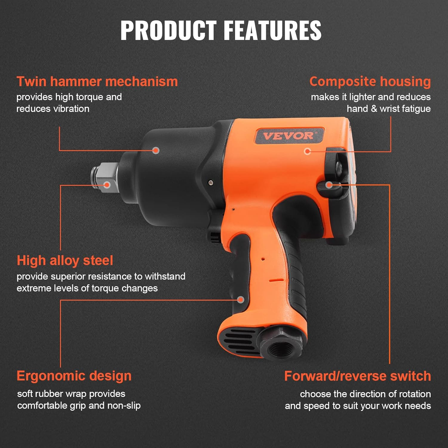 VEVOR Air Impact Wrench, 3/4-Inch Drive Air Impact Gun, up to 1870Ft-Lbs Nut-Busting Torque, Composite Pneumatic Impact Wrench for Auto Repairs and Maintenance Heavy Duty image number 2