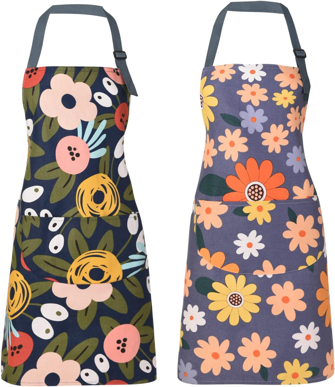 2 Pack Floral Apron for Women with Pockets, Adjustable Cotton Chef Aprons for Kitchen, Cooking, BBQ & Grill