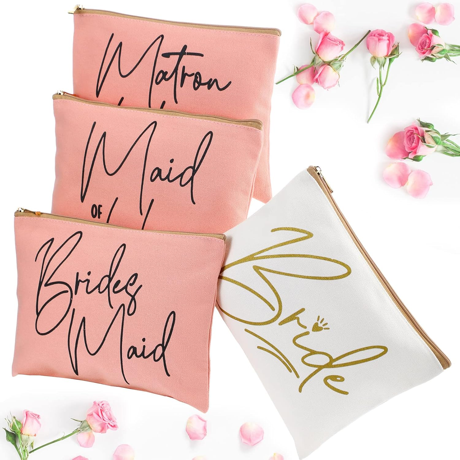 8 Pieces Bridesmaids Makeup Bag Wedding Bridal Makeup Bag Cosmetic Canvas Bag Matron of Honor Bag Wedding Print Cosmetic Bag for Women Brides Bridesmaids Wedding Parties, Lovely Pattern, Cosmetic Bag image number 1