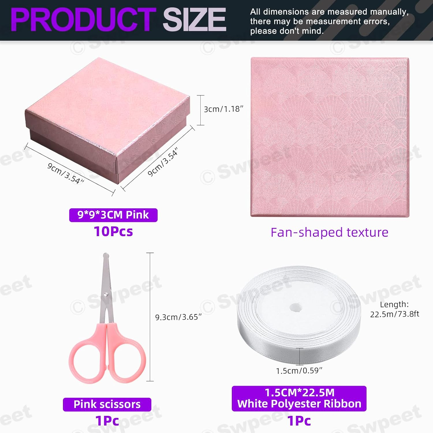 Swpeet 12Pcs Pink 3.5 X 3.5 X 1.2Inch Fan Pattern Cardboard Jewelry Gift Boxes with Scissors and Polyester Ribbon Assortment Kit, Necklace Earring Bracelet Boxes Gift Case for Jewelry Storage