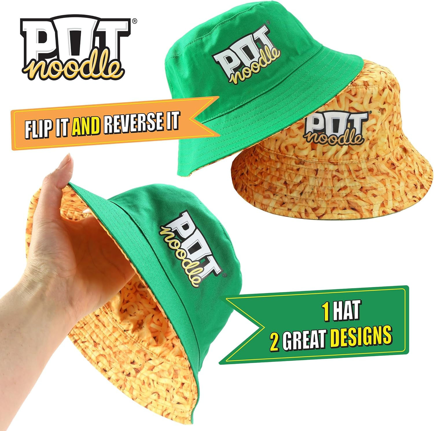 Kimm & Miller Pot Noodle Bucket Hat - Unisex Womens & Mens Bucket Hat - Reversible Design - Novelty Festival Accessories - Funny Hats in Green & Noodle Print, Green, One Size image number 3