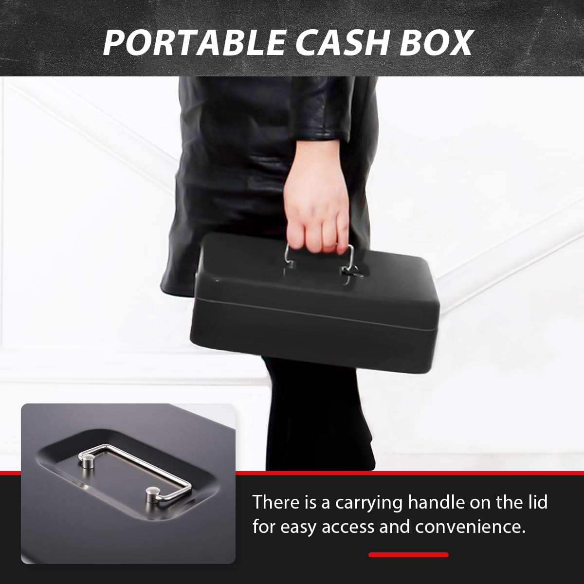 Cash Box with Keys and Security Lock, Large Money Box Cash Register,With 4 Trays for Bills and 5 Deposits for Coins, for Safe Cash Storage image number 5