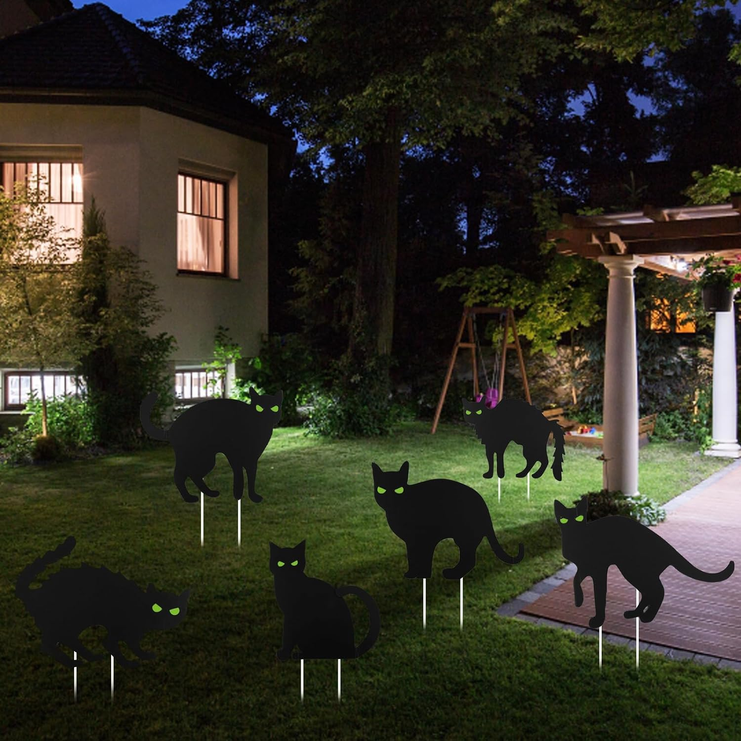 Halloween Outdoor Yard Decorations Signs, 6PCS Reflective Scary Black Cat Halloween Decoration Outdoor, Scary Family Home Front Yard Lawn Sign, Plastic Decoration for Halloween Party
