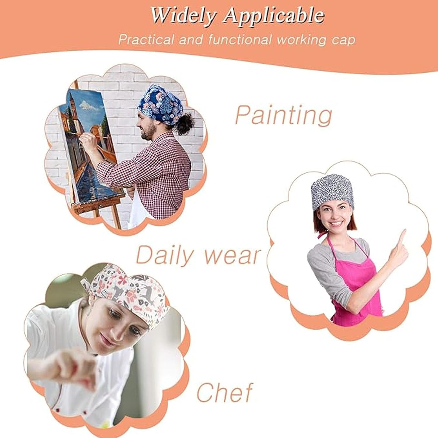 DONHUA Cute Printed Bouffant Scrub Caps with Button & Adjustable Sweatband for Women image number 5