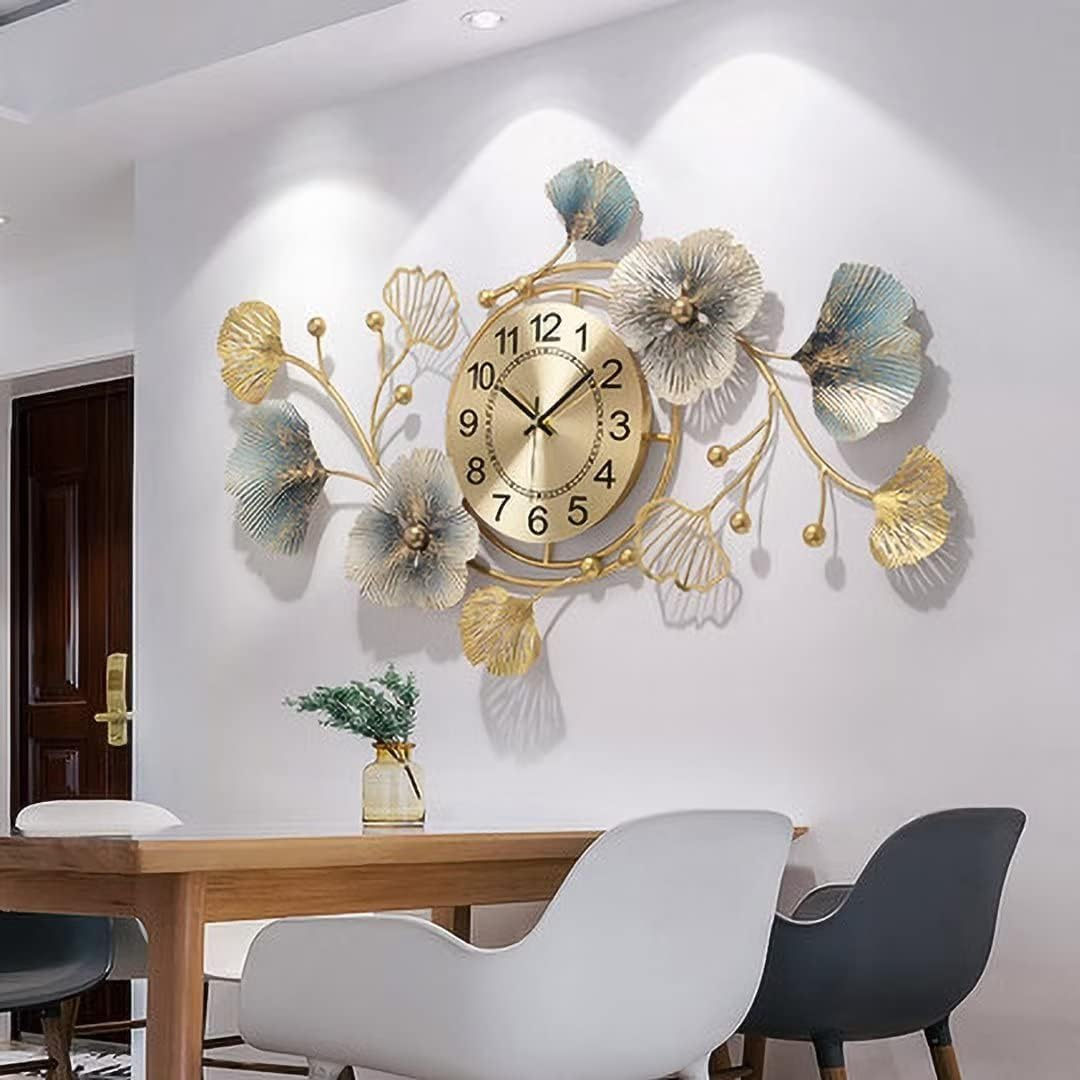 Fmnnfp Large Wall Clock 37 Inch Creative Metal Ginkgo Leaf Design Wall Clock Silent Non Ticking Decoration Wall Clocks for Living Room Bedroom Home - 20X37In image number 4