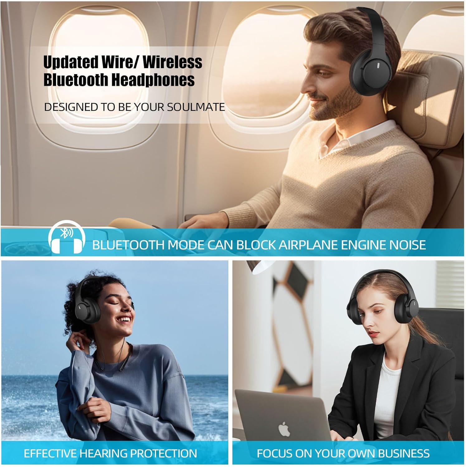 Elzle Bluetooth Headphones over Ear, 82 Hours Playtime, Bluetooth 5.4 Caution Foldable Headphones with Built-In Microphone, Wired/Wireless Foldable Headphones, for Travel/Study/Office - Black image number 3