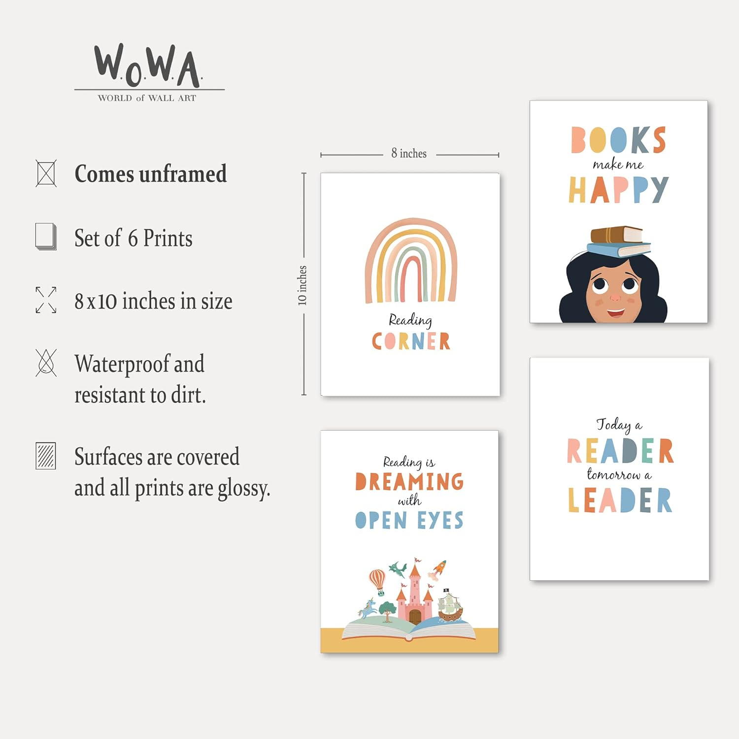 W.O.W.A - Set of 6 Inspirational Reading Quotes Wall Art for Kids' Spaces - Library Decor, Playroom Decorations, Nursery Wall Art, and Playroom Signs (8"X10", UNFRAMED) - Educational image number 2