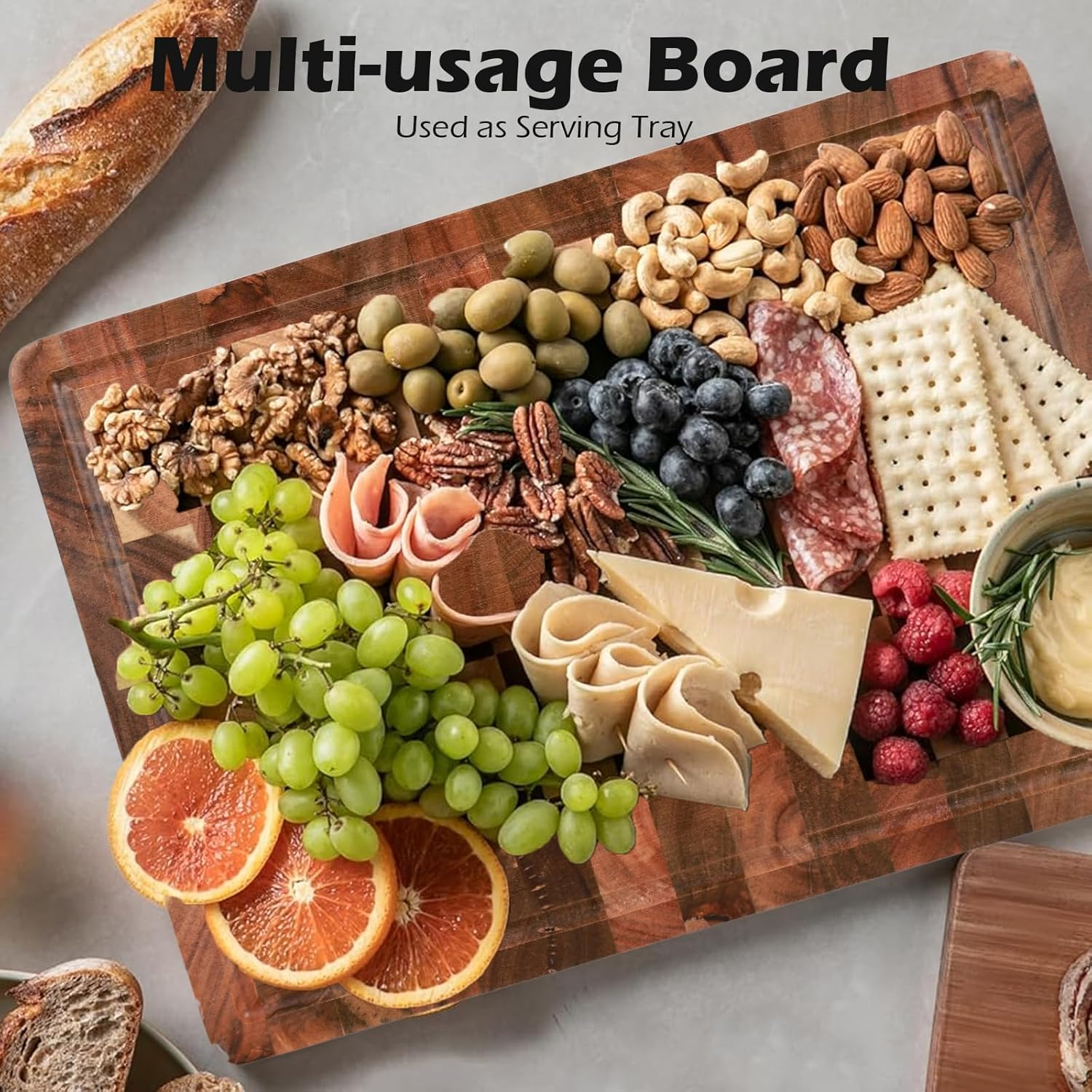 Bierofaro Thick End Grain Acacia Wood Cutting Board, Reversible Wooden Chopping Board with Non-Slip Feet, Built-In Handles and Juice Groove,35 * 25 * 2.8Cm image number 4