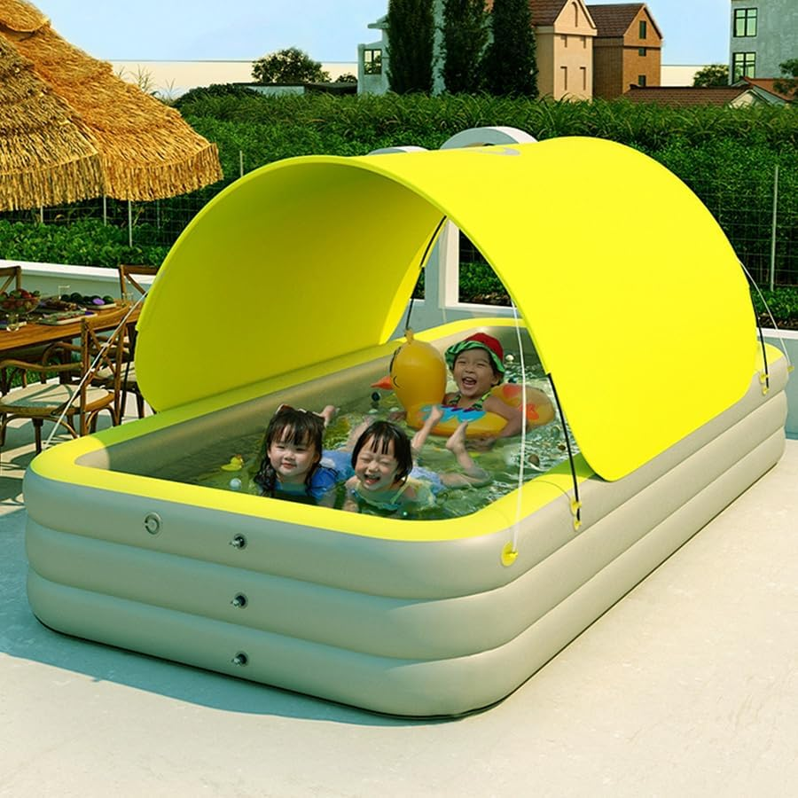 7FT Large Inflatable Pool with Canopy - Kiddie Pool, Ball Pit, Foldable, Family, Easy Set, Snapset Pool, Blow up Swimming Pool for Kids, Adults - Sun Shade - for Backyard, Outdoor Water Play