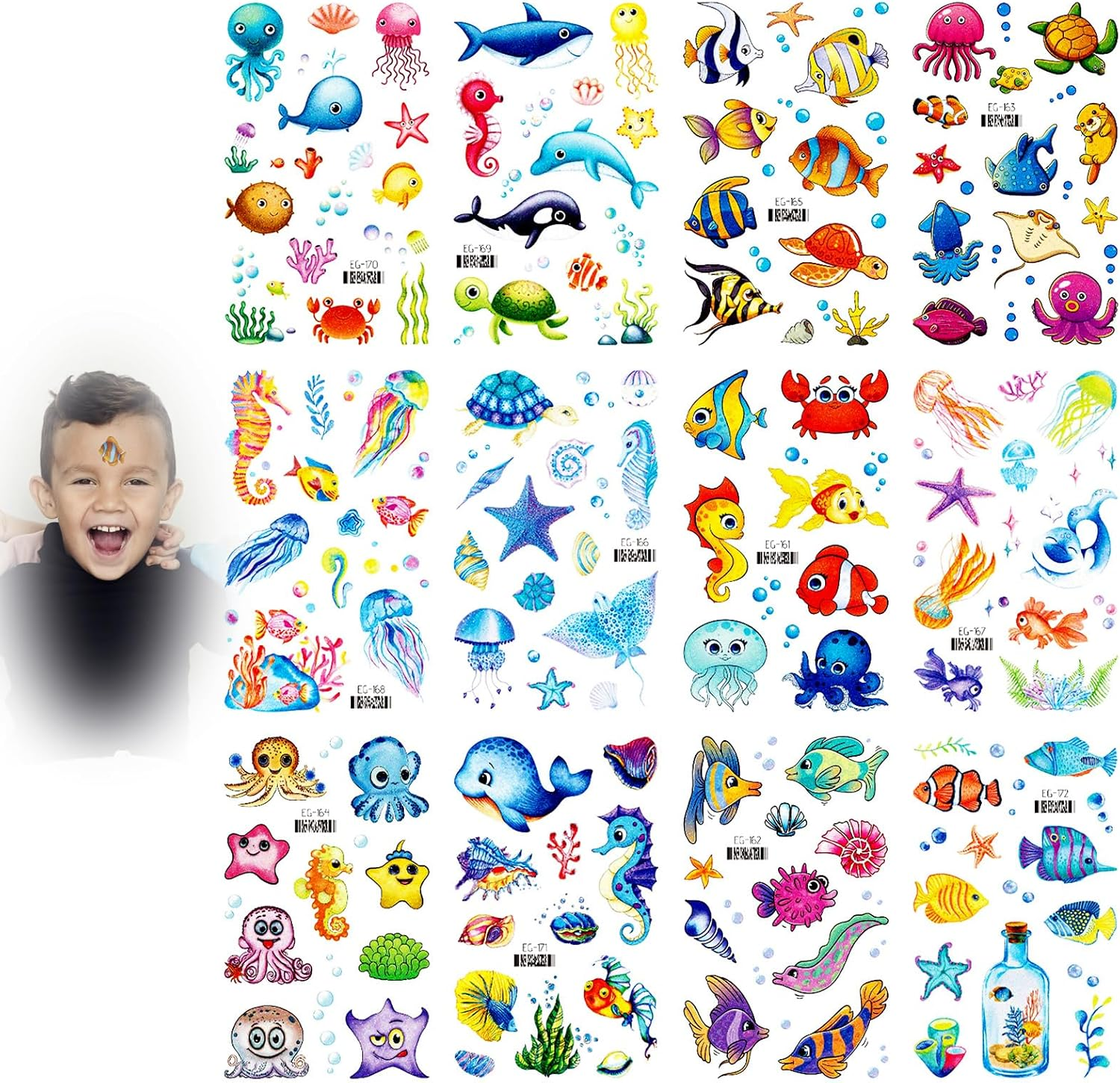 12 Sheets Sea Animals Tattoos, Glitter Underwater Tattoos for Children, Temporary Fake Tattoos with Shark, Octopus, Starfish, Waterproof Party Decoration for Birthday, under the Sea Theme Party And
