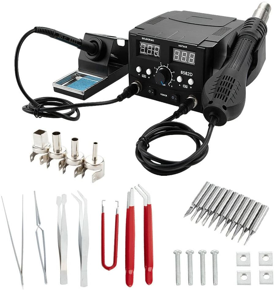 Yarra Supply 2 in 1 Soldering Station Digital Soldering Iron Station Iron Rework Dual LCD Display Hot Air Gun with Tweezers, Welding Tips, Air Nozzles image number 2