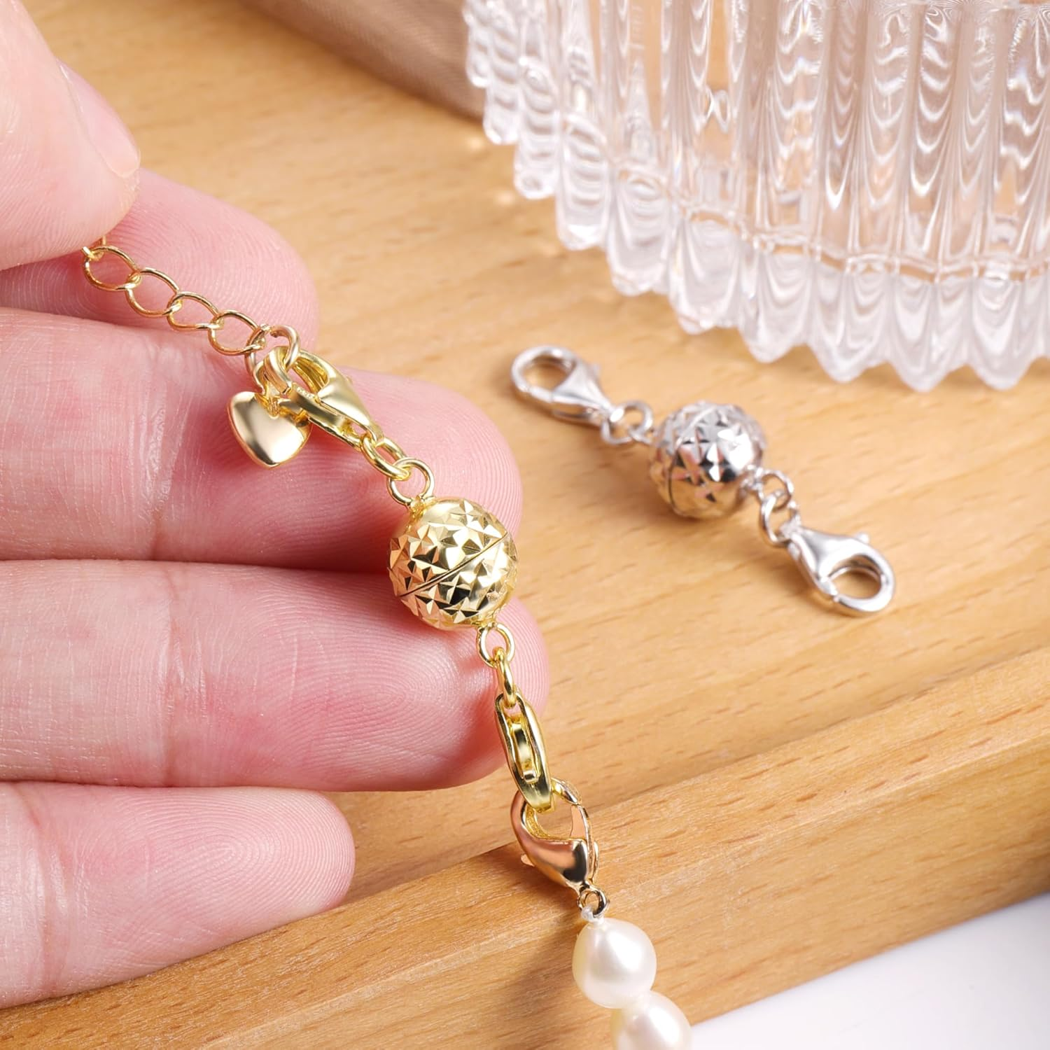 ALEXCRAFT 14K Gold Disco Ball Magnetic Necklace Clasps and Closures 925 Sterling Silver Double Lobster Clasp Magnetic Jewelry Clasps for Necklaces Bracelet image number 3