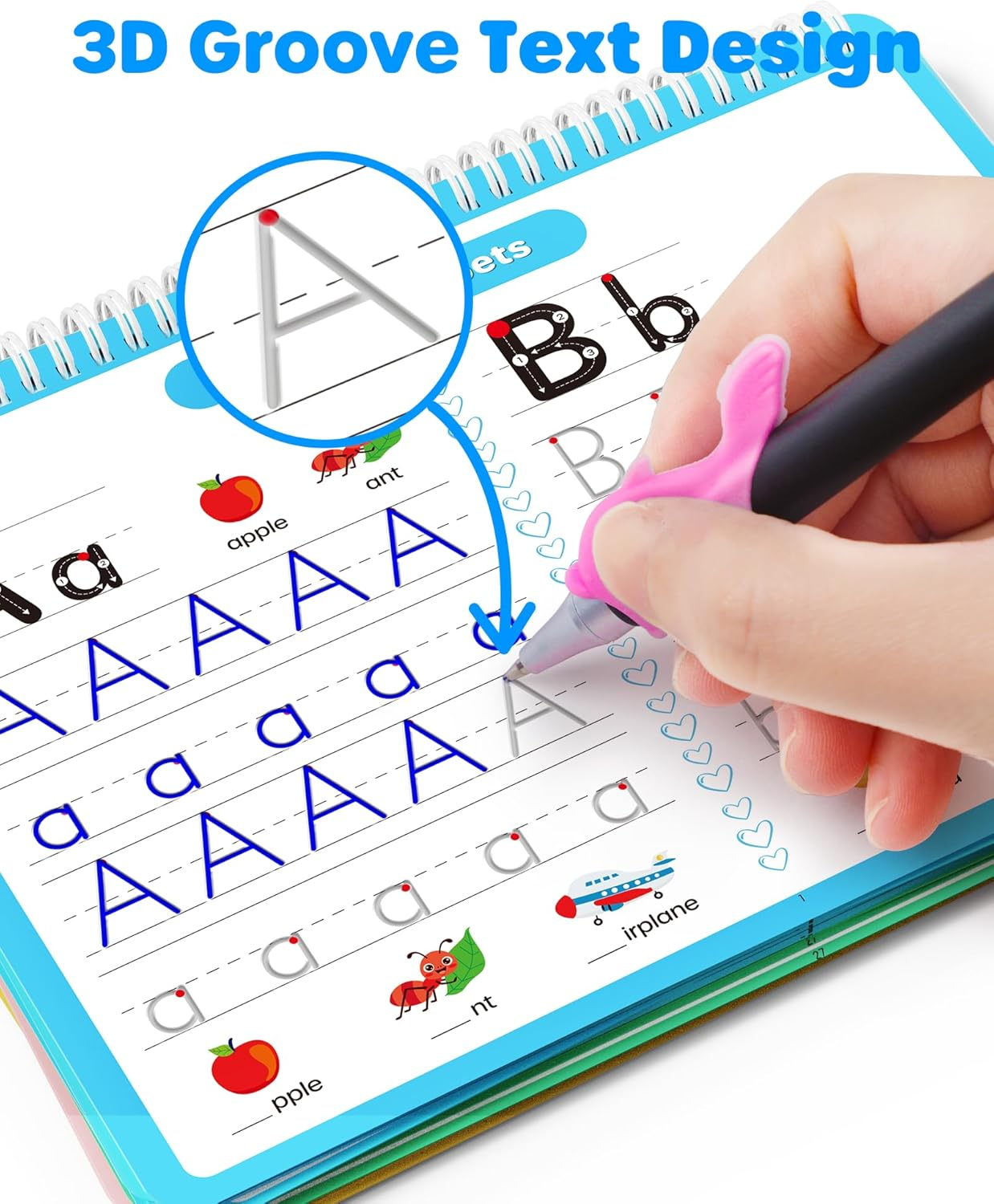 D-Fantix 4 in 1 Large Magic Groove Practice Copybook, Reusable Grooved Handwriting Workbooks, Number Alphabet Tracing Books for Kids Ages 3-8, Handwriting Practice for Kids Kindergarten Preschool image number 4