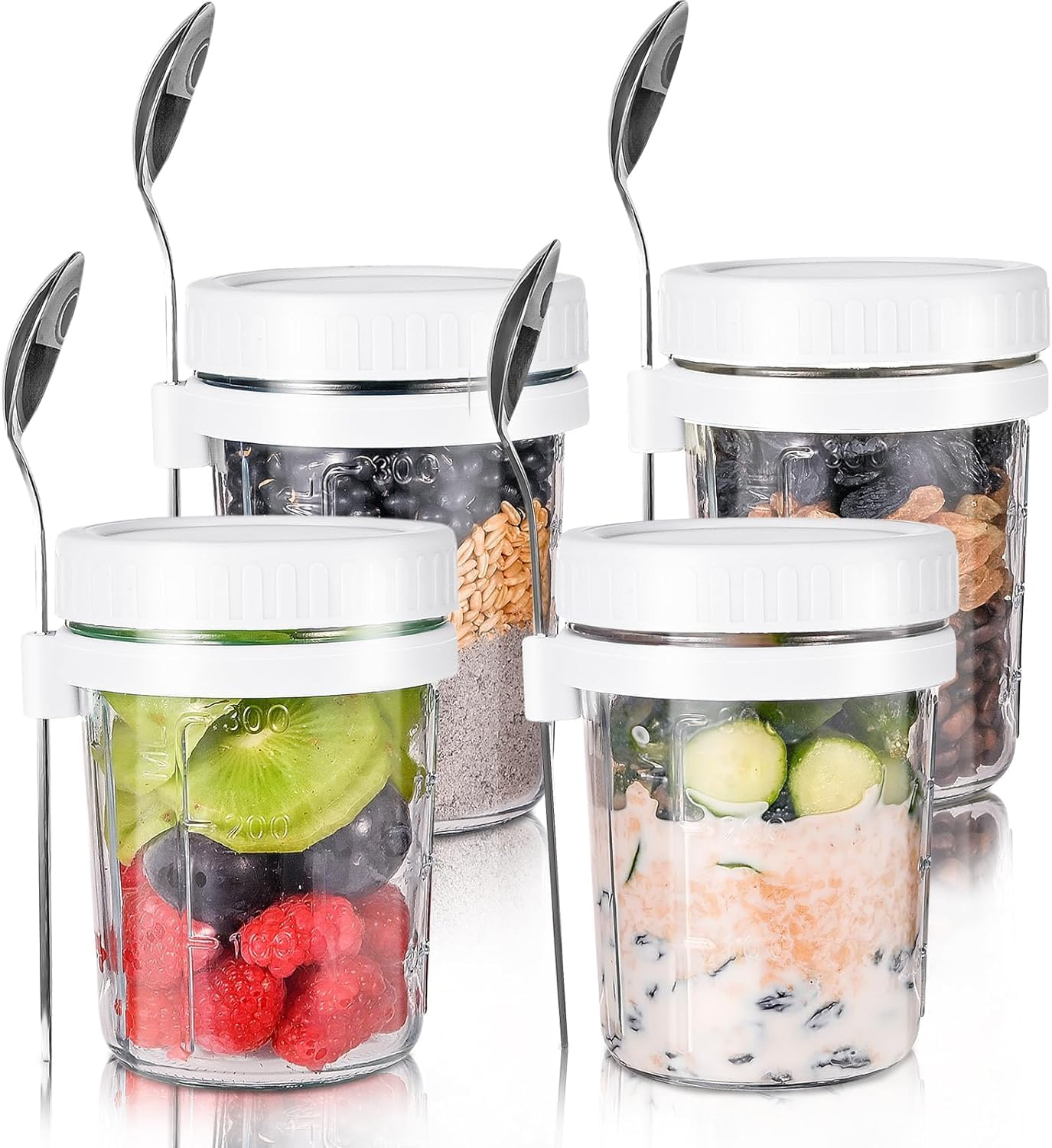 Heyinova Overnight Oats Jars,Overnight Oats Containers with Lids and Spoons, Airtight Oatmeal Container with Measurement Marks, Mason Jars with Lid for Cereal on the Go Container (4 White) image number 6