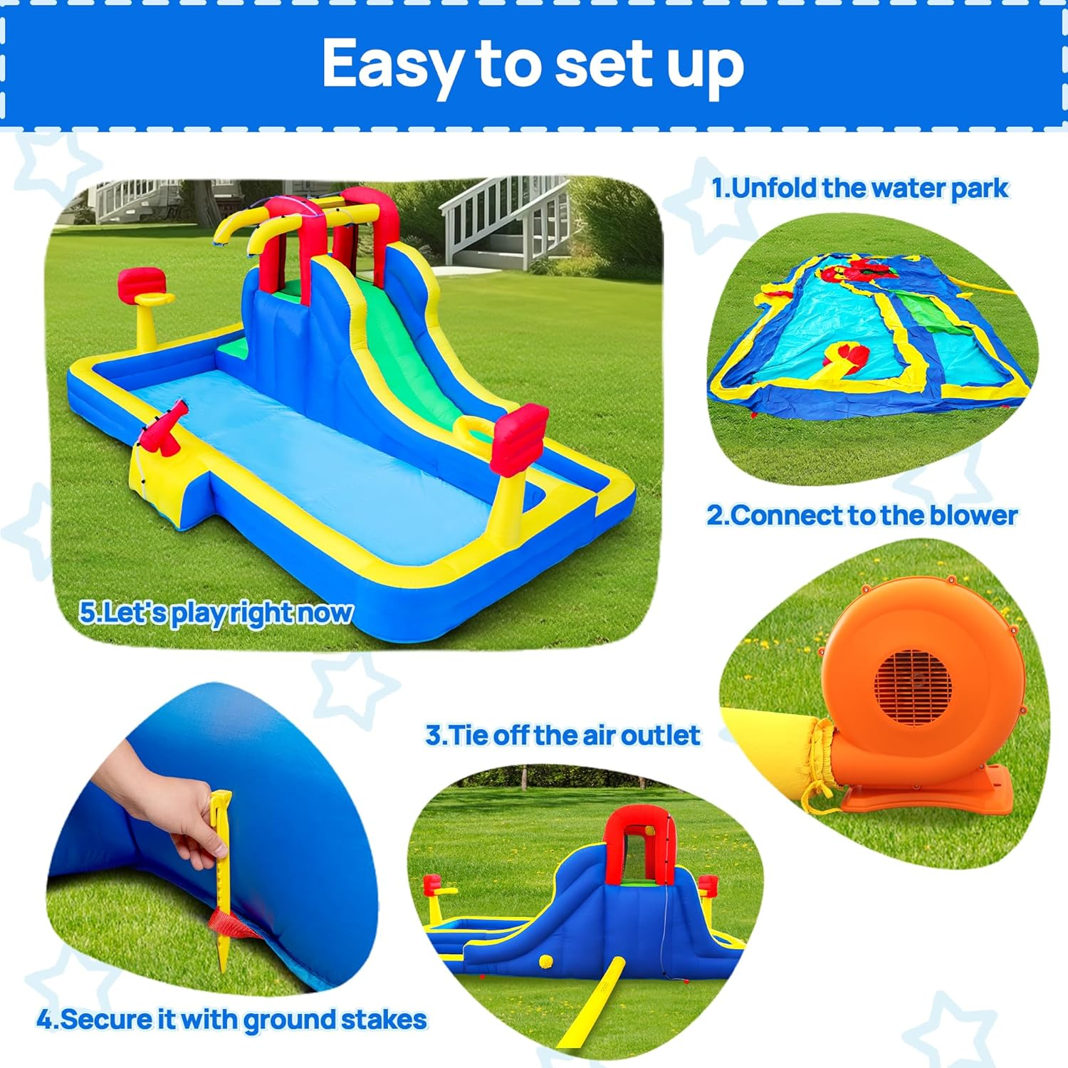 Inflatable Water Slide, 8 in 1 Water Park with Blower, 457 X 282 X 195 Cm Water Slides with Large Splashing Pool, Double Basketball Hoops, Water Cannon