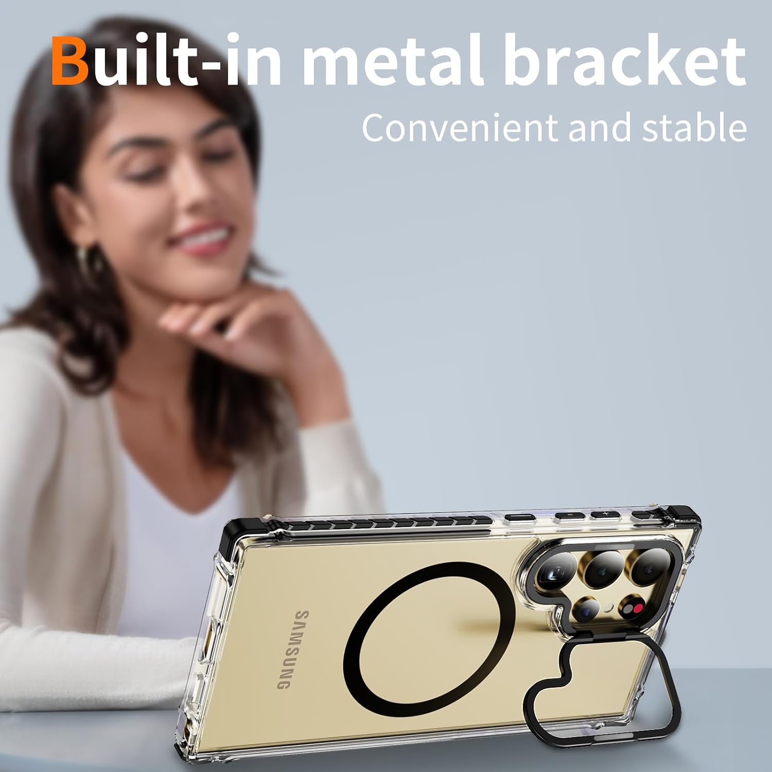 For Samsung S24 Ultra Case with Metal Camera Stand,Magnetic High-Transparency Full Protection Shockproof Case for Galaxy S24 Ultra（Black） image number 3