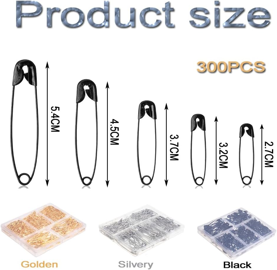 300Pcs Safety Pins By,5 Assorted Sizes, Durable Nickel-Plated Steel Pins, Rust-Resistant & Sharp for Clothes, Sewing, Arts & Crafts (Silver) - Golden image number 4