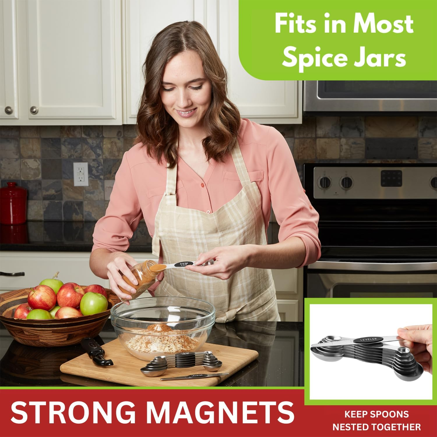 (Magnetic) - Spring Chef Magnetic Measuring Spoons Set, Dual Sided, Stainless Steel, Fits in Spice Jars, Set of 7 image number 4