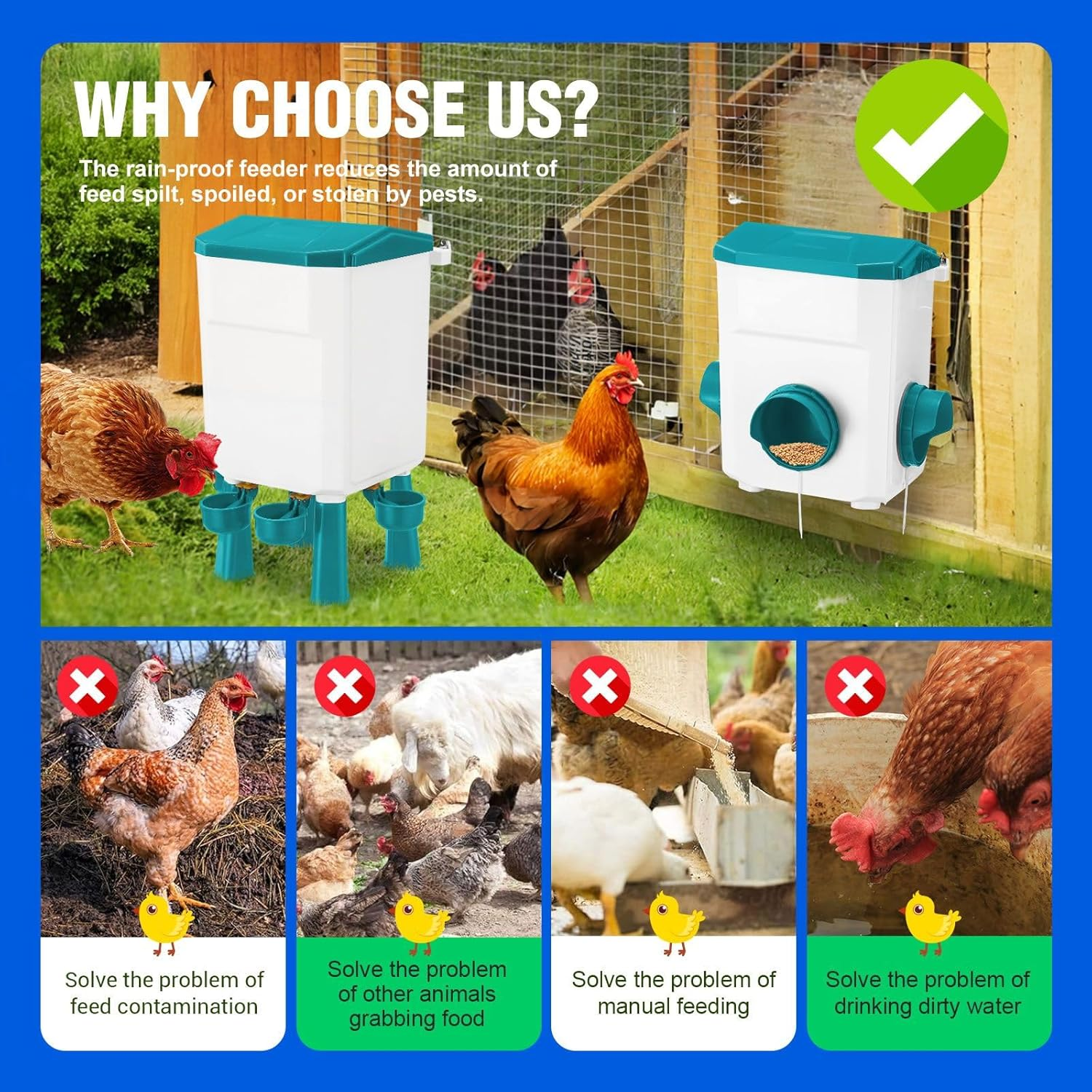 Pet Scene Chicken Feeder Waterer Set, Automatic Bird Feeder Food Water Dispenser, 12KG + 11L Capacity Auto Chook Poultry Gravity Fed Feeding Drinking in Coop Fence Rat Proof - Type 0708 Rd image number 2