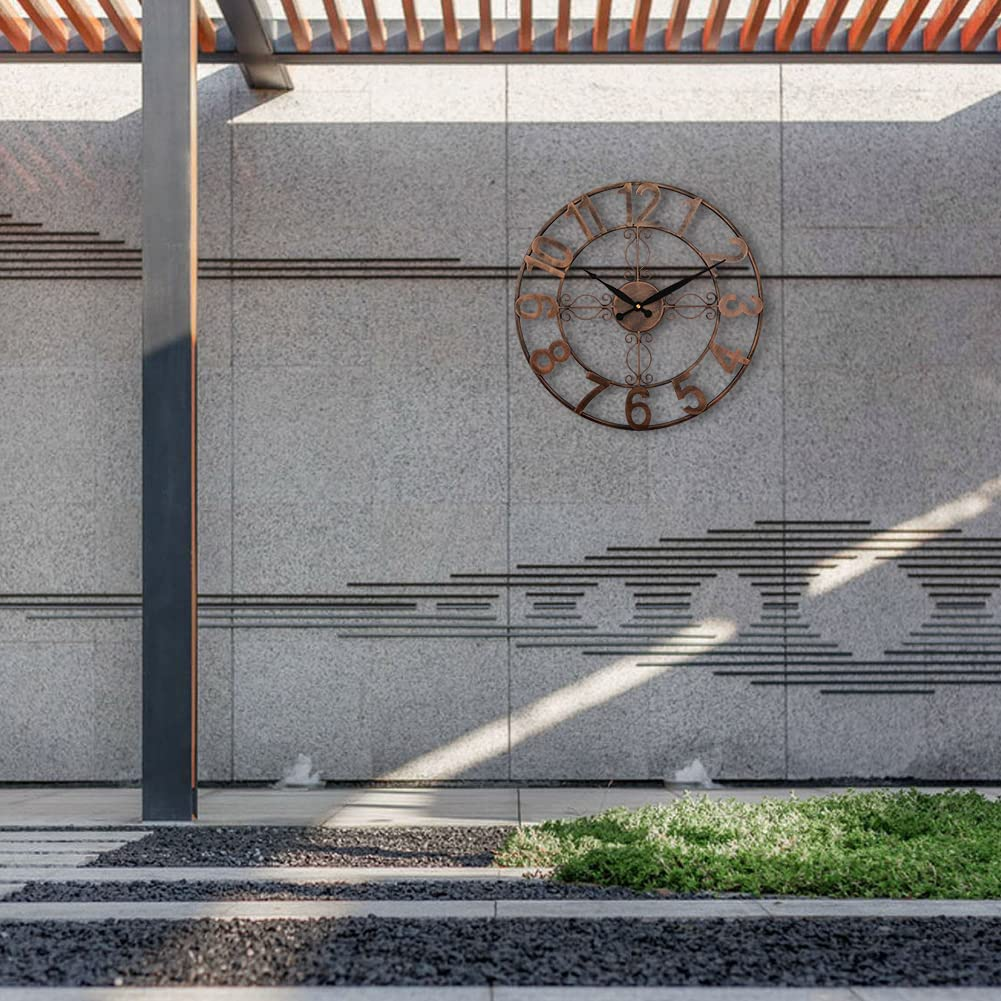 Eyotto 18-Inch Oversized Indoor Outdoor Garden Waterproof Wall Clock, Large Arabic Numerals Analogue Open Face Decorative Metal Wall Clock, Silent Battery Operated Clock for Living Room, Patio, Fence