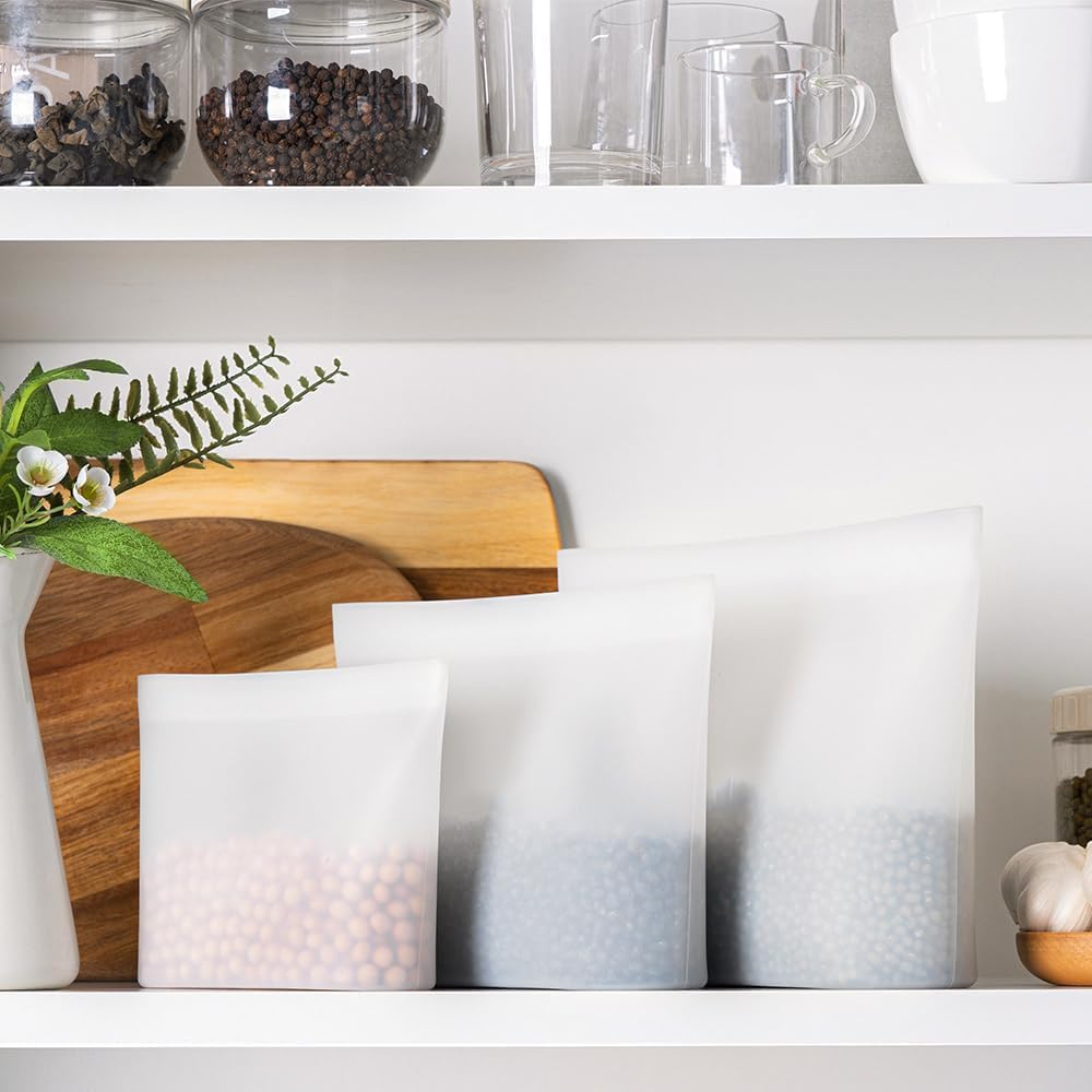 3Pcs Silicone Food Storage Bags, Sandwich Snack Bags New Generation Stand up Zip Container for Soup and Leftovers, Plastice & BPA Free, Microwave Oven Safe 3 Pack (51Oz, 34Oz, 17Oz)，White image number 3