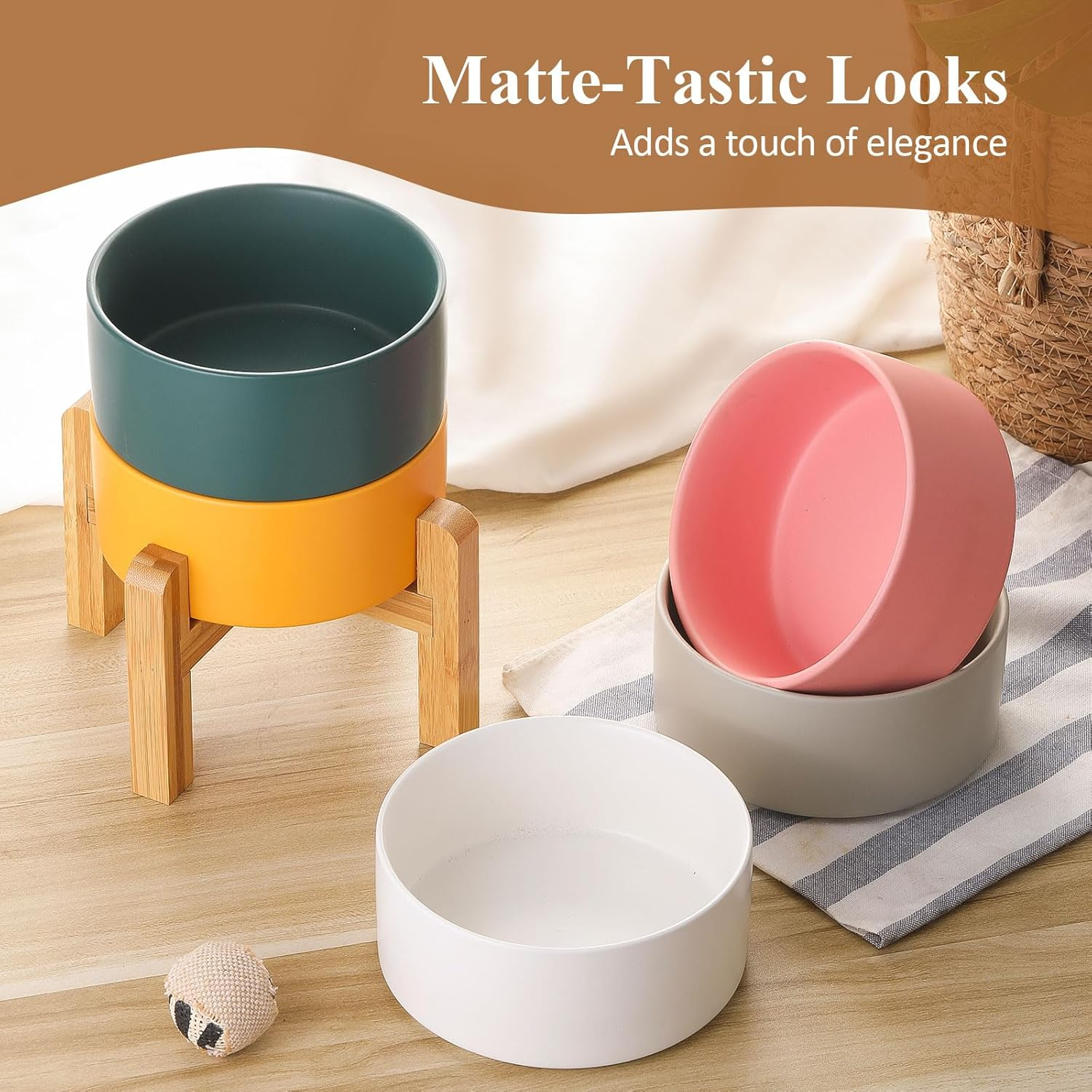 White Ceramic Elevated Raised Dog Bowls - Dog Food Dish with Stand - Double Raised Dog Food and Water Bowls anti Vomiting - Pet Bowl with anti Slip Rubber Pad - Stress Free for Medium Dogs -Set of 2 image number 1