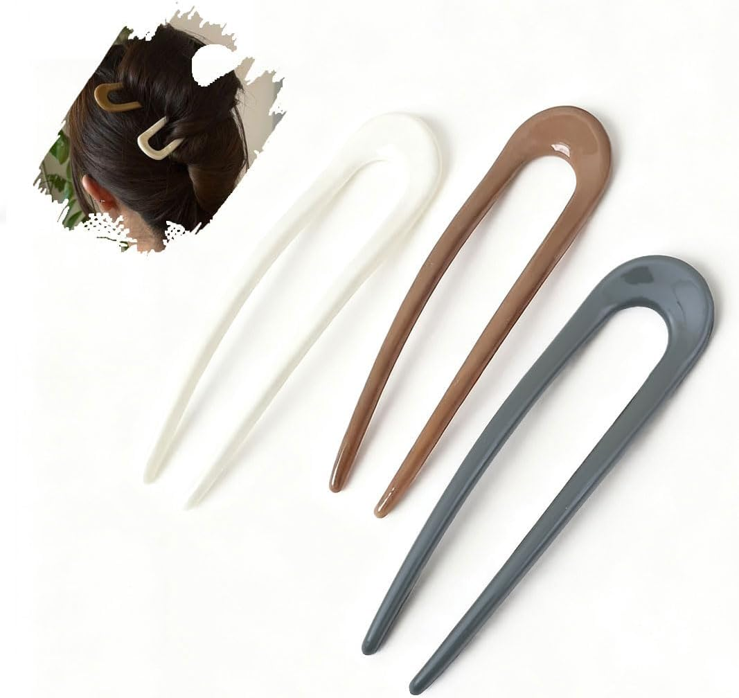 ZWWOGE Pack of 3 French Hair Pins for Women 12 Cm U-Shaped Hair Clips U-Shaped Hair Fork Black Pink Brown Hair Pins French Clip for Women Girls Non-Slip and Comfortable for Occasions image number 2