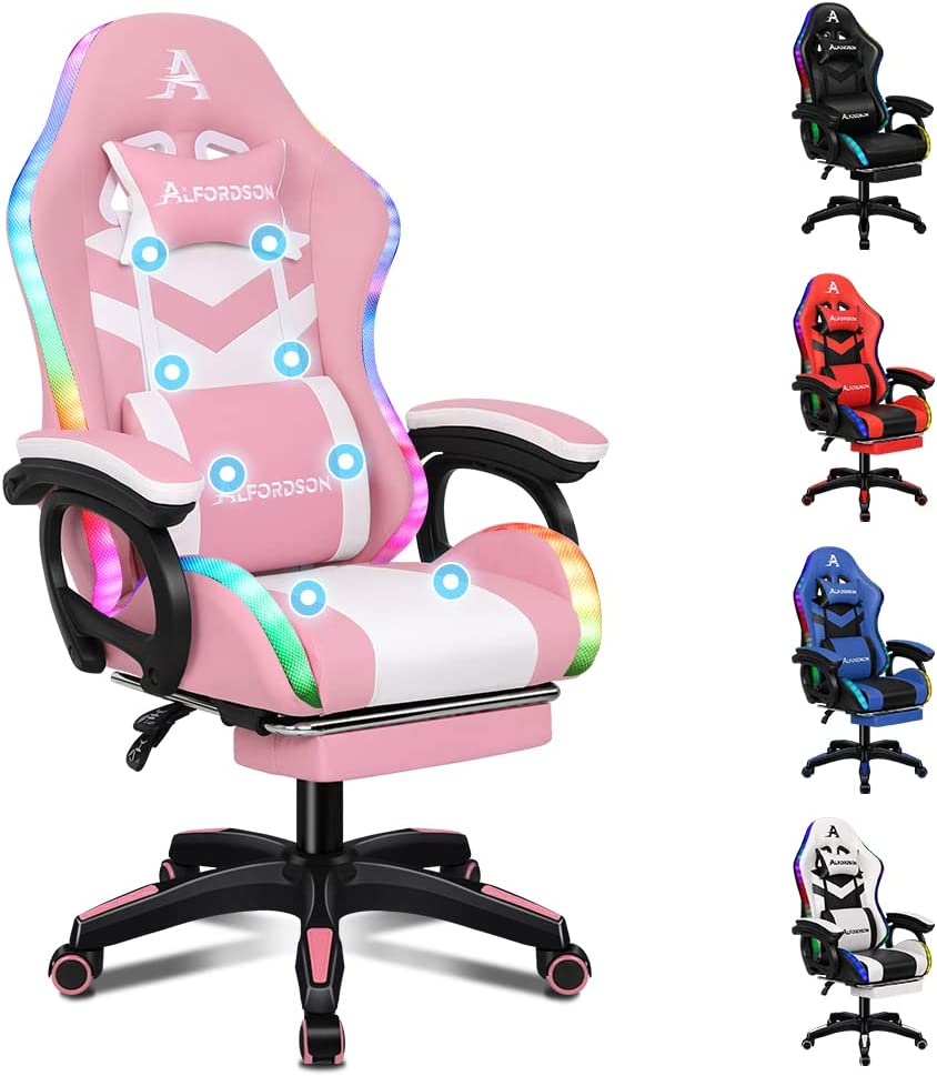 ALFORDSON Gaming Office Chair with 12 RGB LED Lights & 8 Point Massage, Racing Computer Chair with Lumbar Support & Retractable Footrest, Ergonomic Desk Chair with PU Leather Seat Office Gamer (Pink) - Marc Fabric Grey image number 4